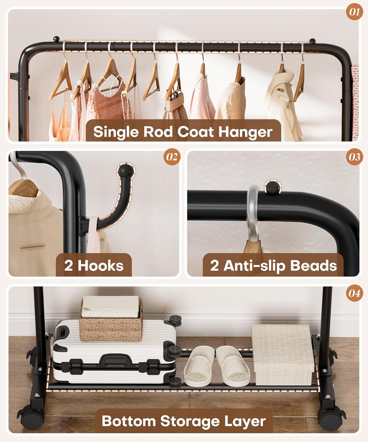 Homde Heavy Duty Clothes Rack: 120lb Standing Garment Storage for Indoor - Rolling Hanging Rod for Bedroom Laundry Room - Coat Dress Organizer on Wheels with luggage shelf (Black，32") - Lumora Desk