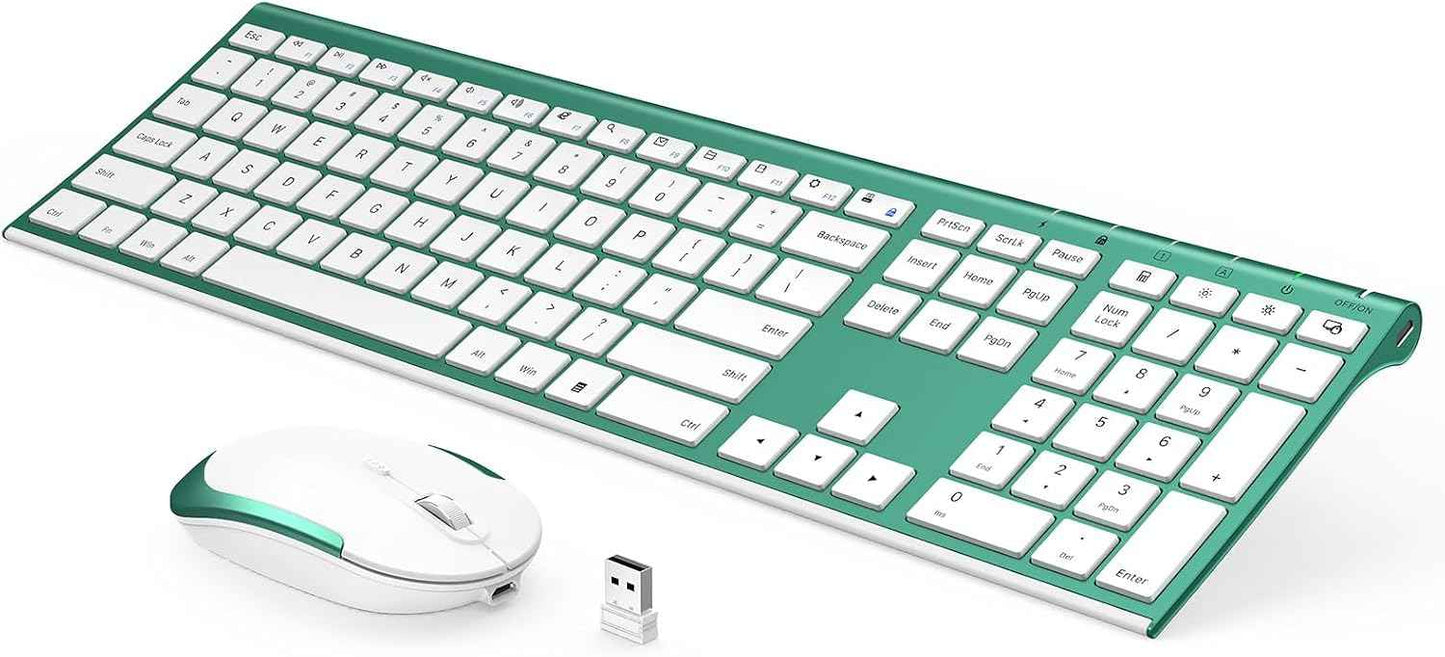 Wireless Keyboard and Mouse, Vssoplor Rechargeable Quiet Full-Size Keyboard and Mouse Combo Set Ultra Slim Design for Laptop, PC, Notebook, Desktop-Blackish Green