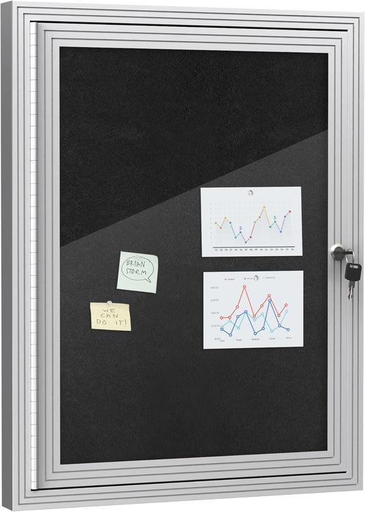26"x20" Enclosed Bulletin Board, Outdoor Lockable Weather-Resistant Aluminum Cork Noticeboard for School & Office, Silver Frame w/Black Flet