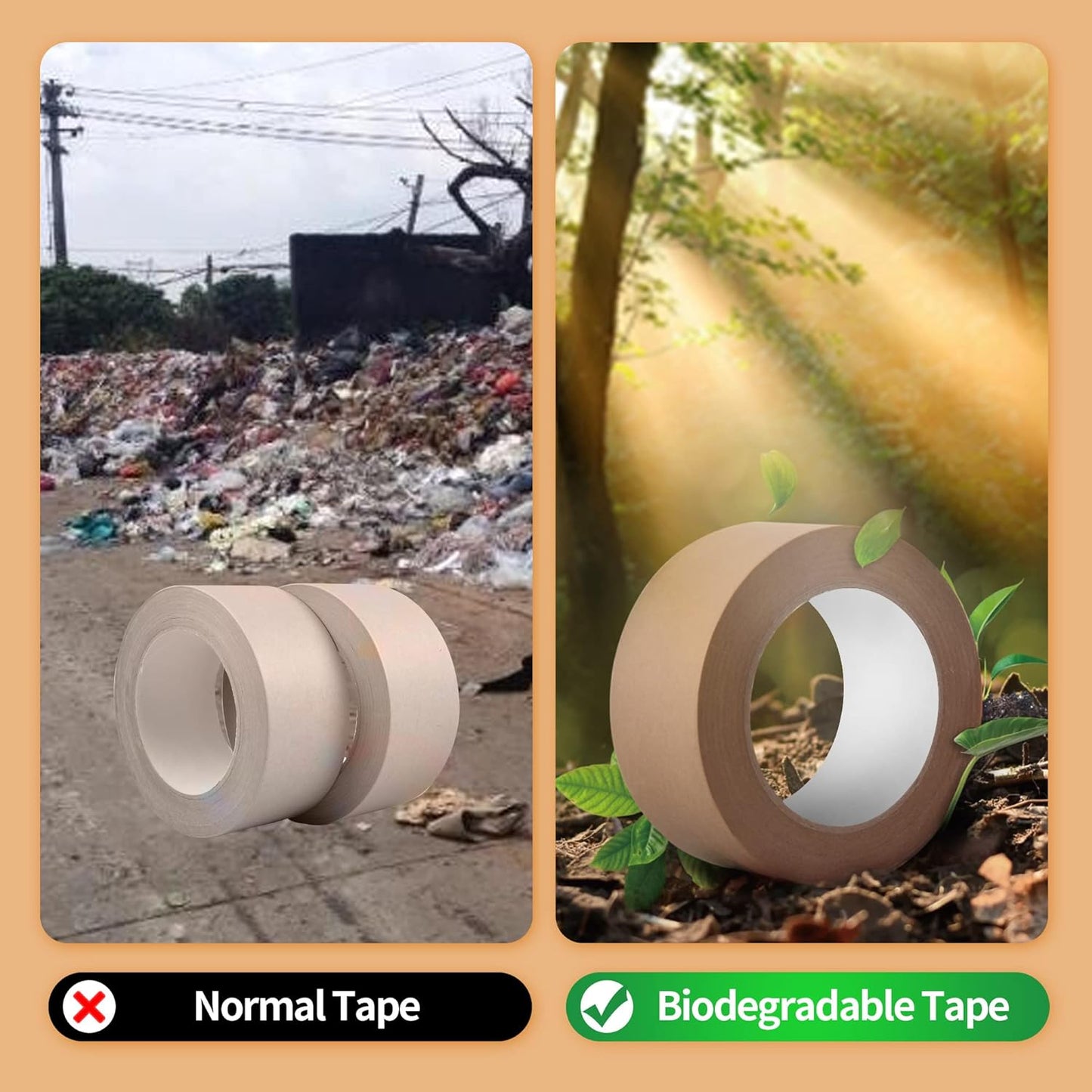 Eco-Friendly Kraft Paper Tape, Biodegradable Kraft Paper Tape, Recyclable Writable Packing Tape, Non-Coated Surface for Masking, Sealing, 2inch x 60yards, 24Rolls