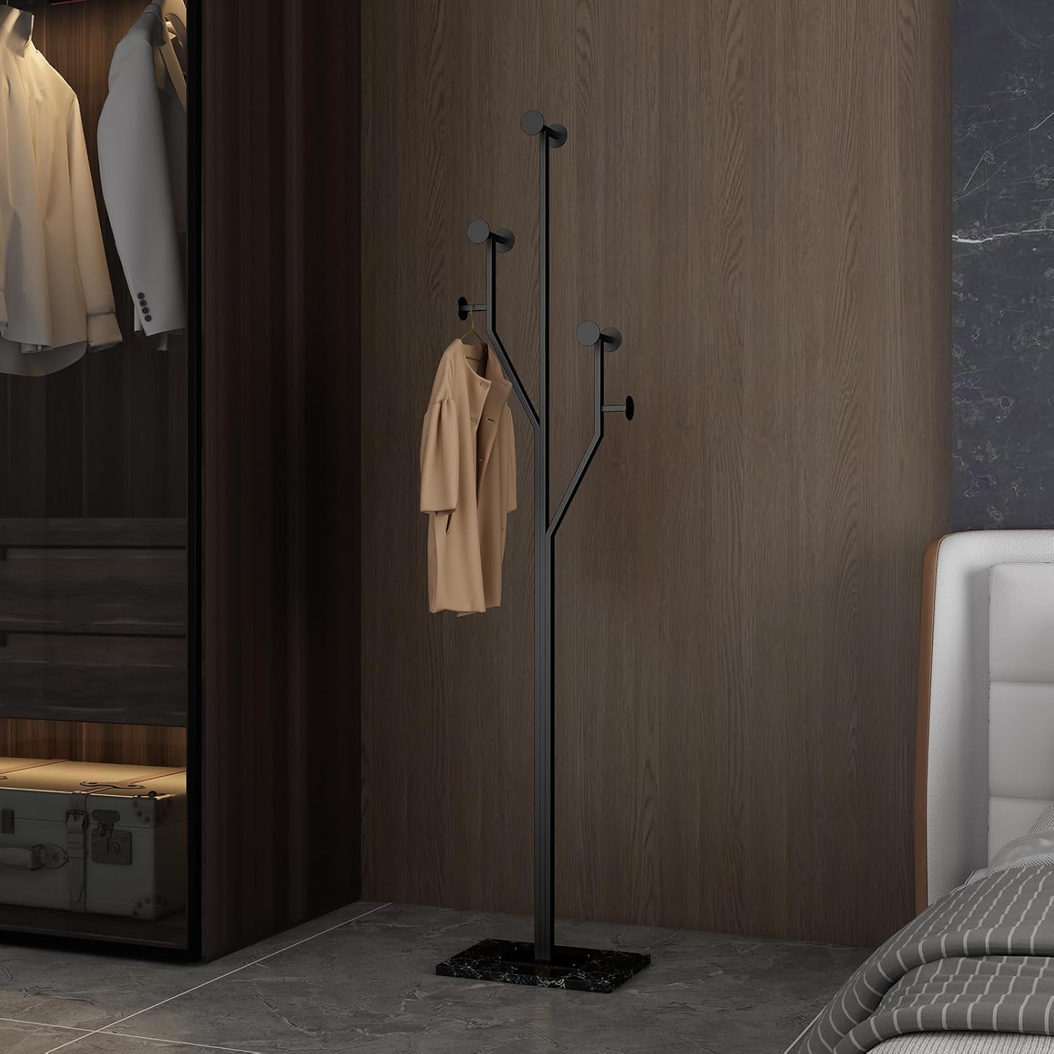 Freestanding Coat Rack Tree-shaped Metal Coat Tree with Heavy Duty Marble Base Corner Clothing Rack for Bedroom Entryway Hallway 14.96 x 10.24 x 68.9 Inches (Black) - Lumora Desk