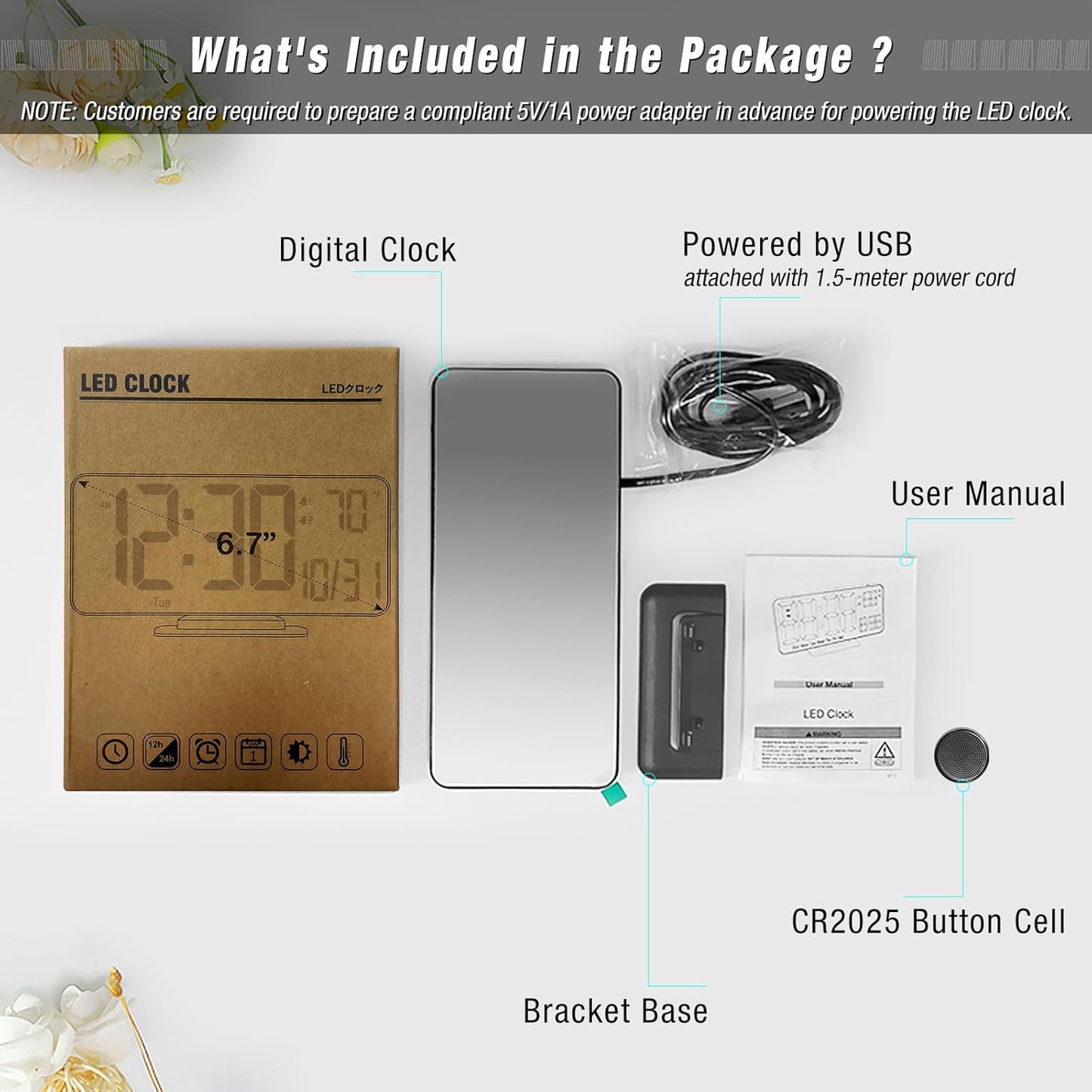 KOSUMOSU Digital Alarm Clock 6.7in Black Clock for Bedroom, Dual Alarm, Date, Seconds,Day of Week,12/24h,Dimming, Temp, Desk Clock, LED Clock for Living Room, Calendar Digital Clock