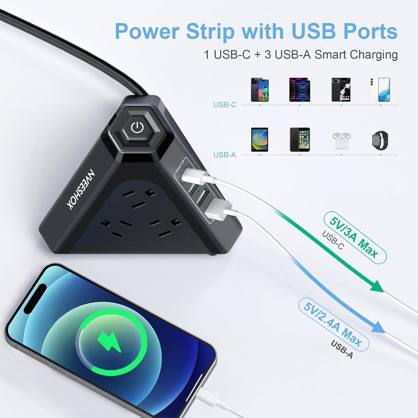 Tower Surge Protector Power Strip, NVEESHOX 9 AC Outlets with 4 USB Ports (1 USB C) 3-Side Triangle Outlets with USB Ports,6.5 Ft,Flat Plug, Charging Station with Surge Protection (Black+6.5 FT)