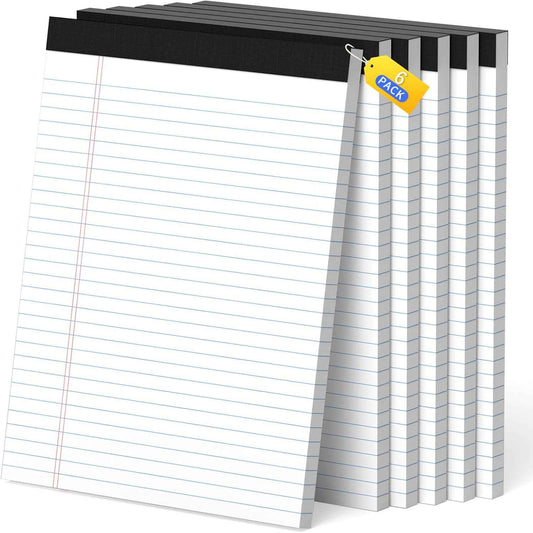 Legal Pads 8.5 x 11, White Note Pads, Wide Ruled Paper - 6 Pack (300 Sheets Total), Thick 80gsm Premium Writing Pads with Perforated Pages & Sturdy Backing Board for Office, School, Home