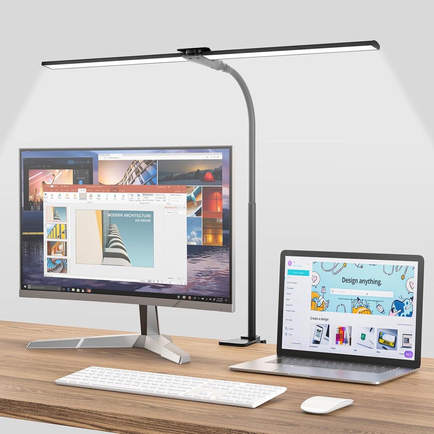LED Desk Lamp for Home Office, Bright Double Head Desk Lamp with Clamp, Dimmable 5 Color Modes Desk Lighting, 12W Eye-Caring Architect Table Lamp for Workbench, Monitor, Reading, Study, 1400lm - Lumora Desk
