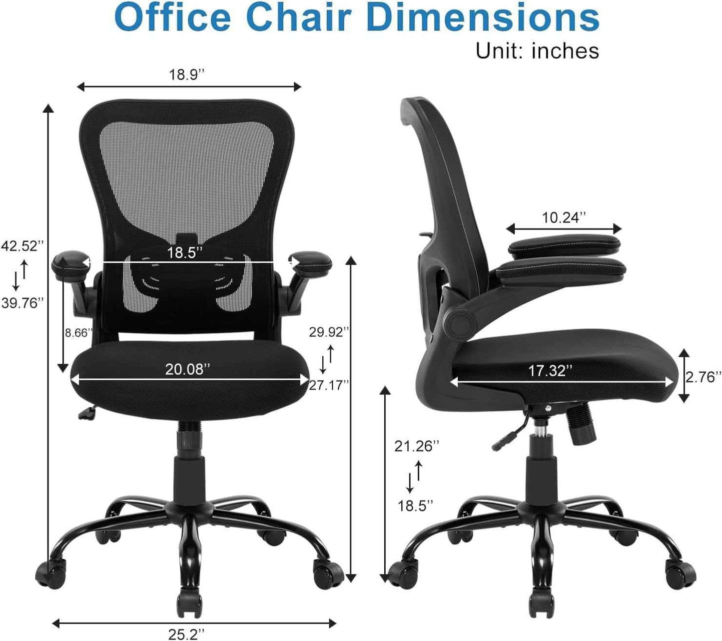 Office Chair Ergonomic Desk Chair Mesh Computer Home Office Desk Chair with Adjustable Lumbar Support Flip-up Armrests, 360 Swivel Comfy Task Executive Chair, Black