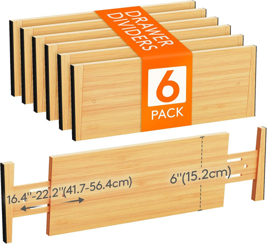 Lifewit 6 Pack Drawer Dividers Bamboo 6" High, 16-22" Adjustable Clothes Drawer Organizers, Expandable Dresser Separators in Bedroom/Bathroom/Kitchen/Office Organization and Storage