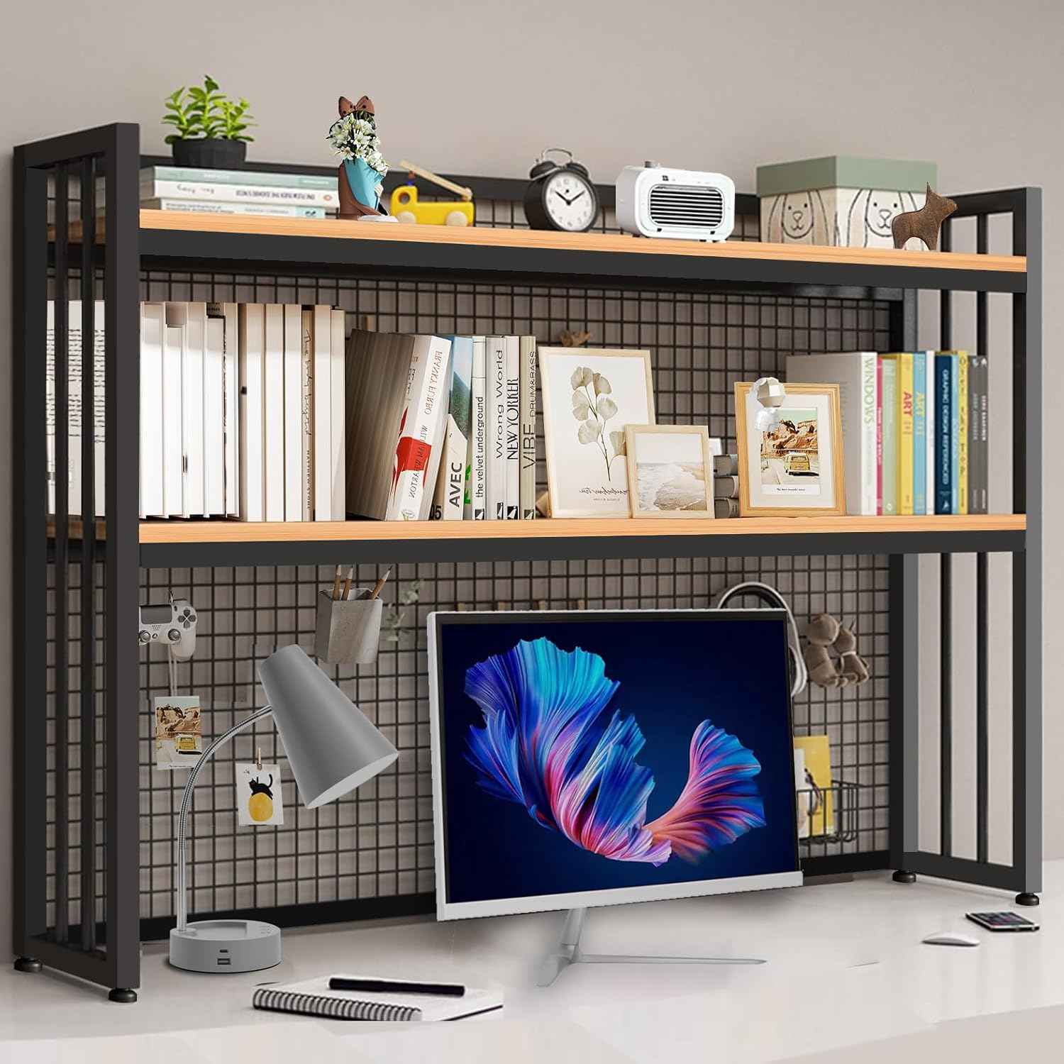 HUATOL 2-Tier Desktop Hutch Bookshelf Metal Desk Shelf, Storage Display Shelf for Computer Desk, Multifunctional Freestanding Storage Rack Display Shelf for Office, Home Decor (37.4 * 35.9 * 9.44 in)