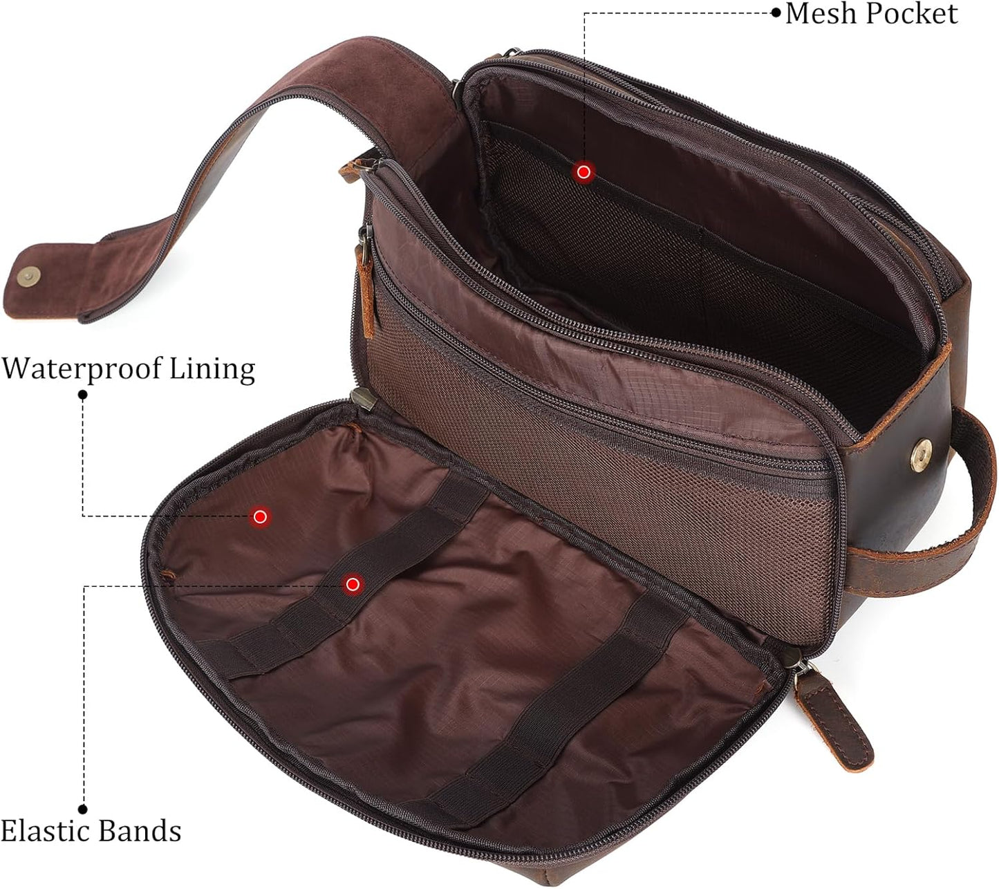Polare Full Grain Leather Toiletry Bag for Men Large Travel Cosmetic Case Dopp Kit Shaving Kit Wash Pouch with YKK Zippers