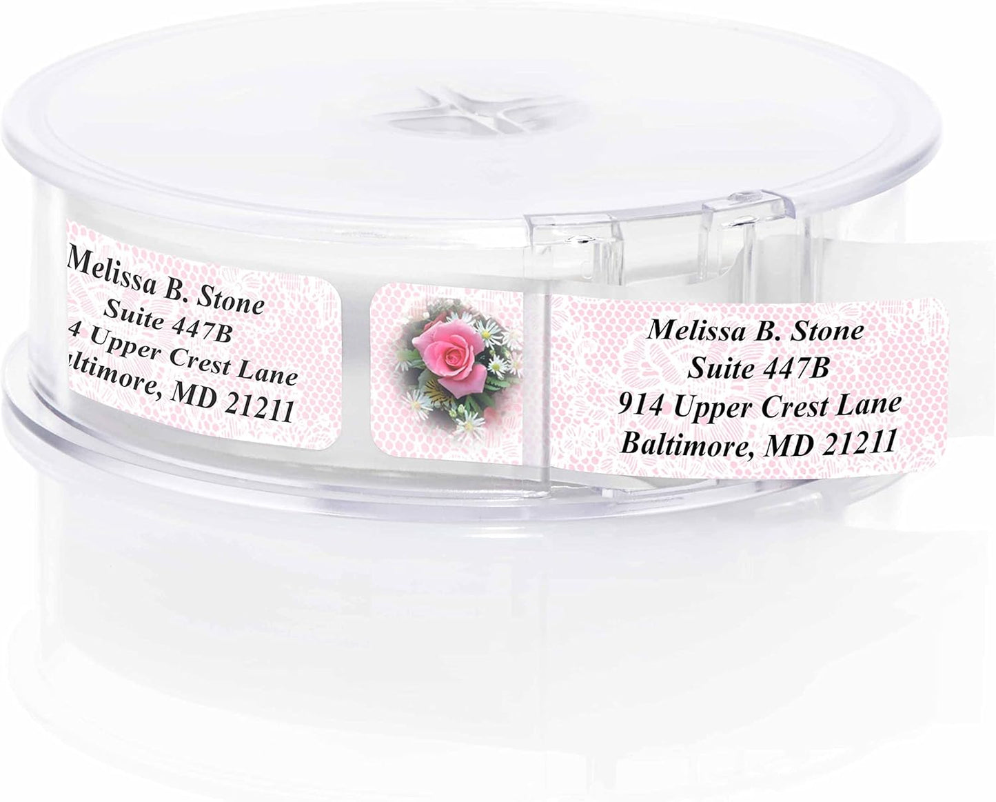 Romantic Rose Designer Rolled Address Labels with Elegant Plastic Dispenser - Lumora Desk