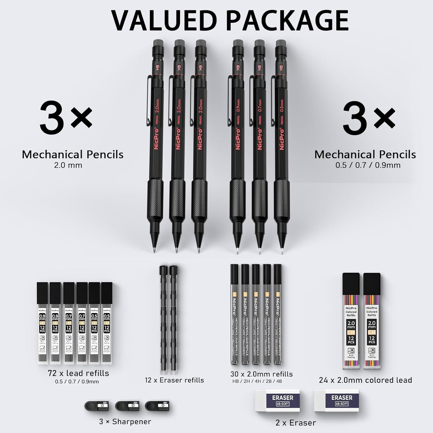 Nicpro Metal Mechanical Pencil Set, 3PCS Art Drafting Pencil 0.5, 0.7, 0.9MM & 2PCS 2MM Mechanical Drawing Pencils with 126 Lead(4B 2B HB 2H 4H Color) Weatherproof Barrel for Writing Sketching Drawing