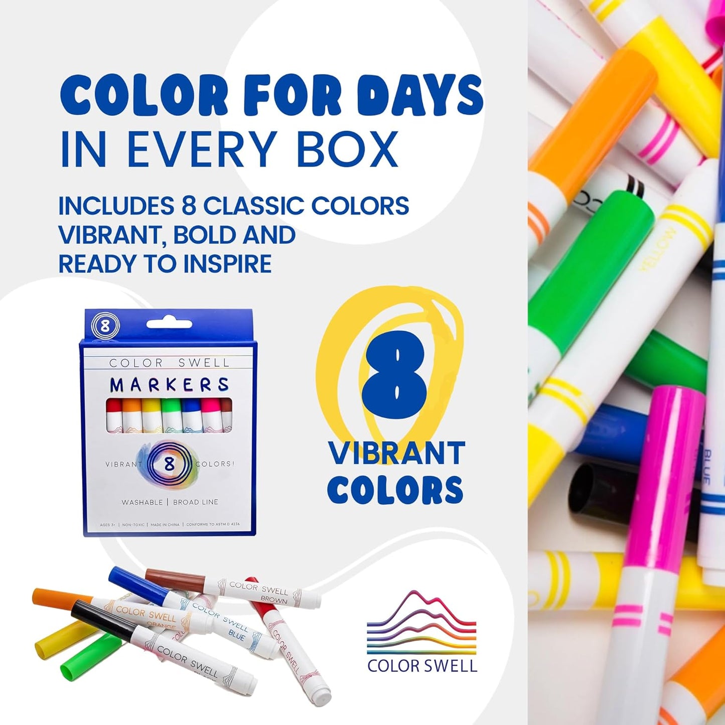 Color Swell Bulk Washable Markers (288 Total) – 36 Packs, 8 Colors per Pack – Ideal for Teachers, Kids, Party Favors, Classrooms, Donations, Students - Broad Line Bulk Markers