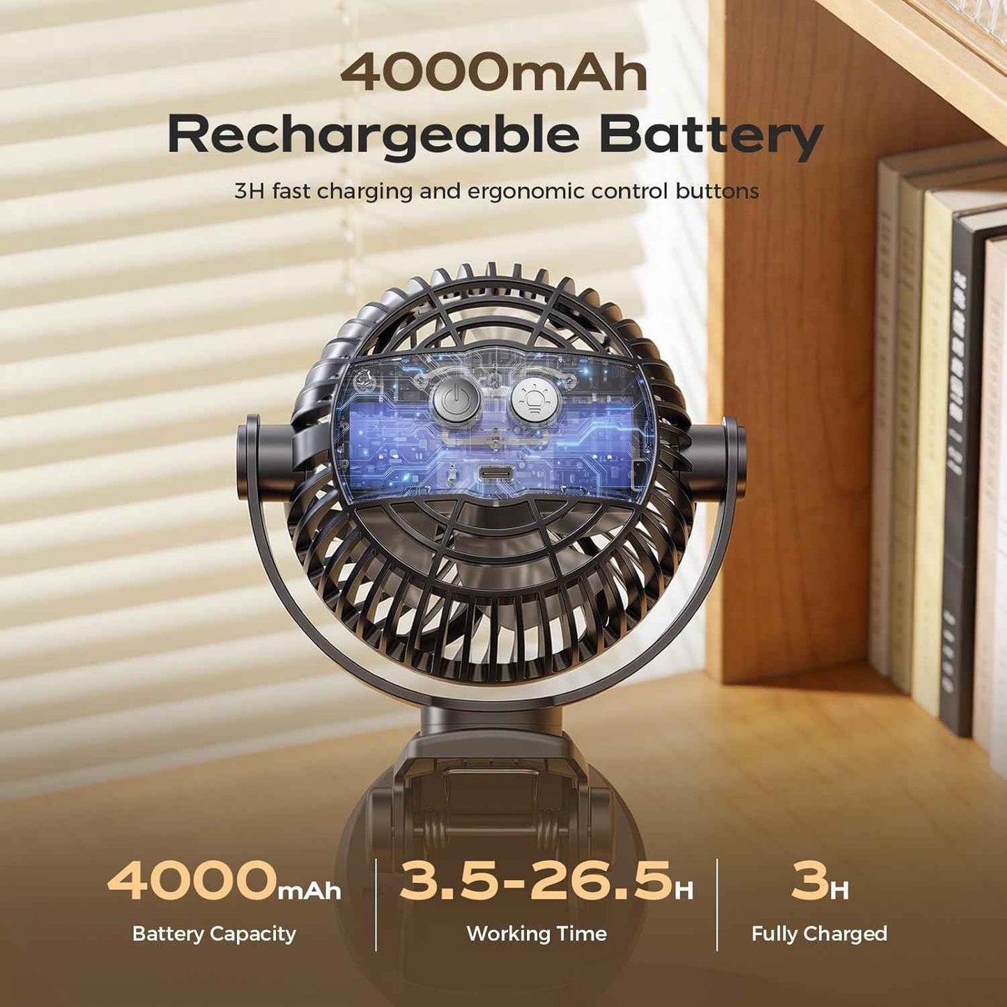 Coohea Portable Clip on Fan 4000mAh Rechargeable Battery Last Up to 26.5H Runtime, Desk Fan with 4 Speeds & 360° Rotation, Powerful Yet Quiet Mini Fans for Office, Gym, Bed, Stroller, Study (Black)