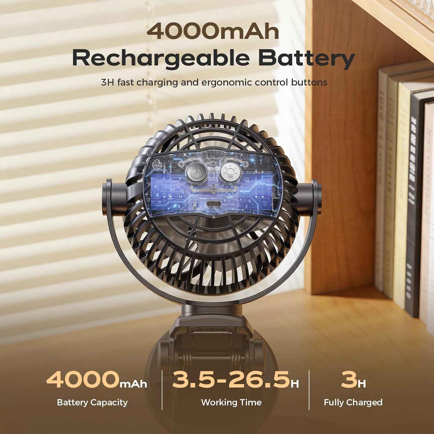 Coohea Portable Clip on Fan 4000mAh Rechargeable Battery Last Up to 26.5H Runtime, Desk Fan with 4 Speeds & 360° Rotation, Powerful Yet Quiet Mini Fans for Office, Gym, Bed, Stroller, Study (Black)
