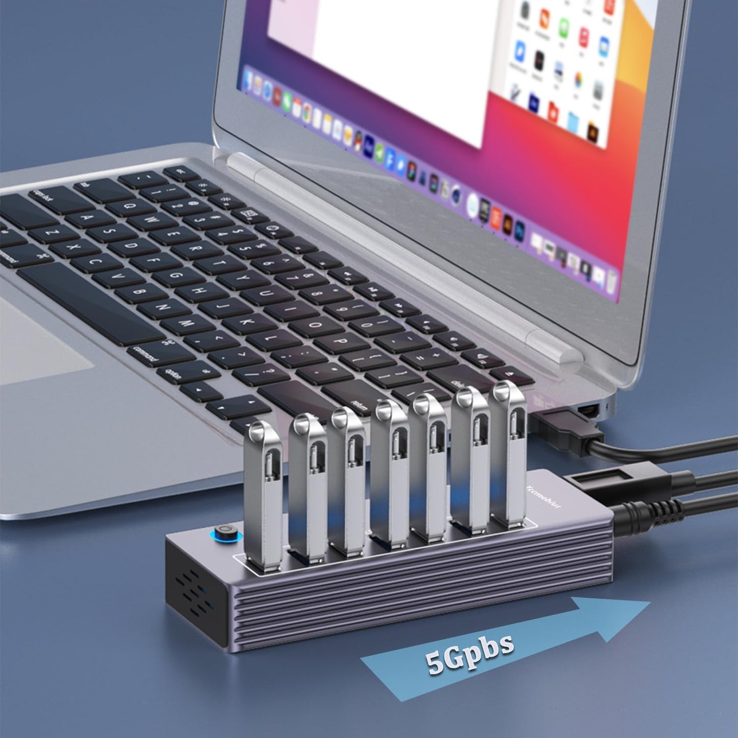 Powered 7-Port USB 3.0 Hub, USB C to 7 Ports USB Data Hub Splitter with Individual LED On/Off Switche, 3.3FT Cable, 12V/3A Power Adapter, for Laptop MacBook Pro/Air PC (Aluminum Gary)