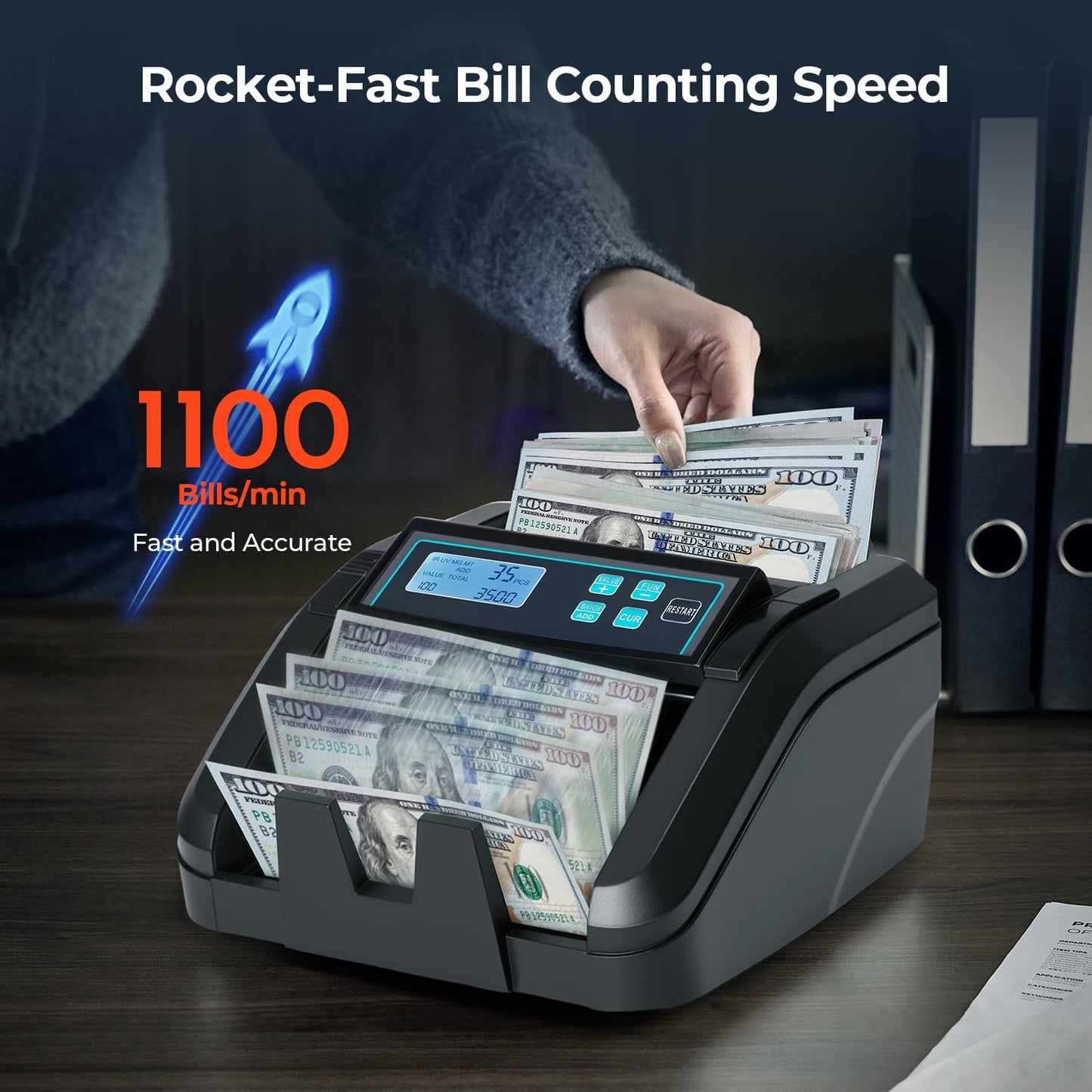 MUNBYN IMC51 Money Counter Machine Count Value, Add+Batch/Add+ Value Mode Bill Counter, UV/MG/IR/MT Detection, USD only Cash Counter,1100 Bills/min, Money Counting Machine with LCD Display (Black)