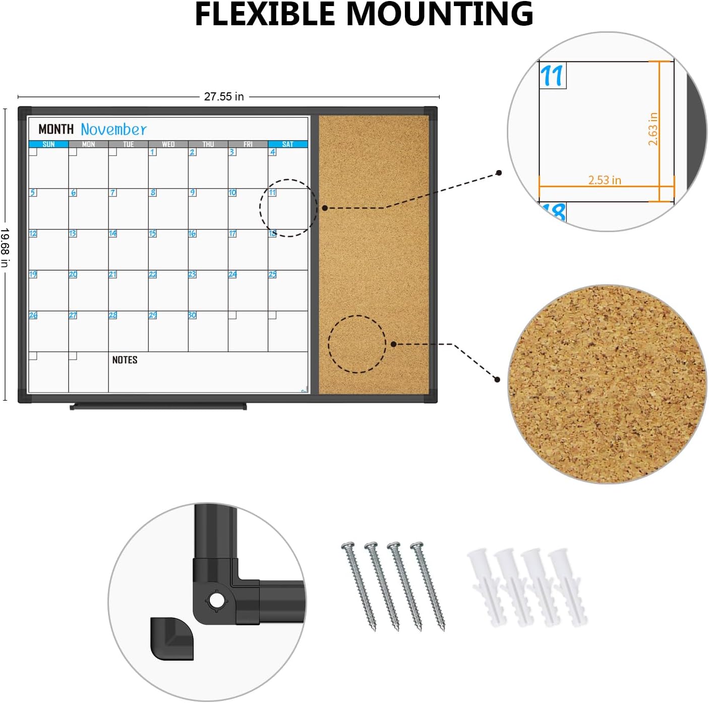 XBoard Dry Erase Calendar Whiteboard 28 X 20 - Combo White Board Calendar Monthly, Magnetic White Board + Corkboard with Black Aluminum Frame - Lumora Desk
