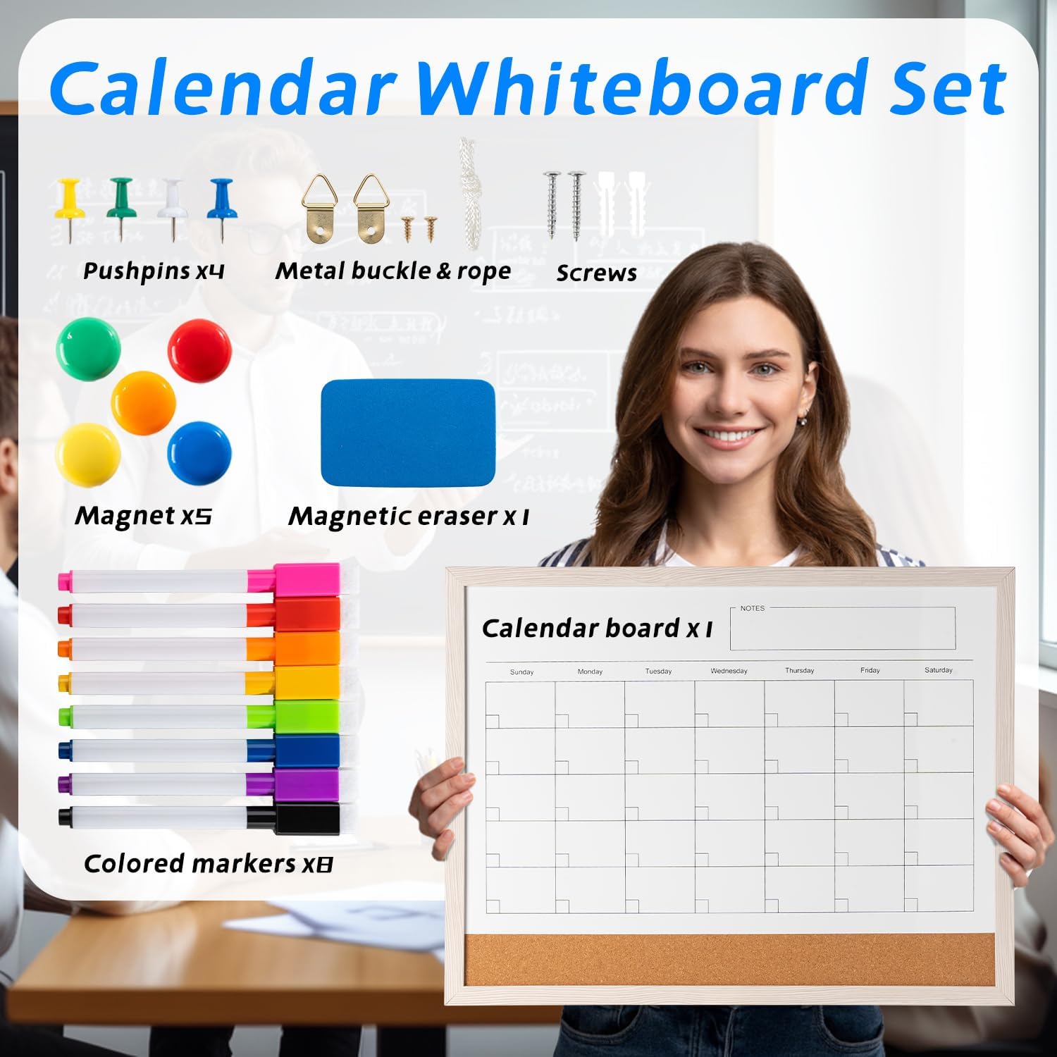 Dry Erase Calendar Whiteboard, 17" x 13" Magnetic Whiteboard Cork Board Combo, Reusable Monthly Planner with 8 Markers, Eraser, Magnets and Pushpins, Hanging Dry Erase Board for Home, School - White - Lumora Desk