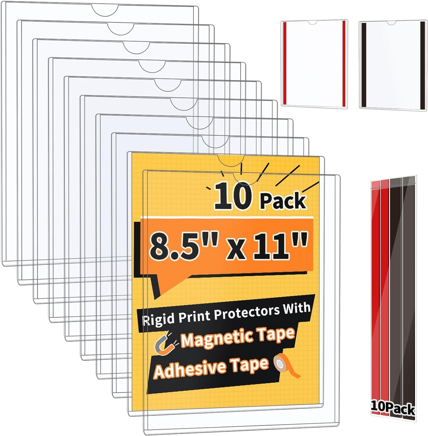 10 pack Magnetic Sign Holder 8.5 x 11 Wall Mount | Adhesive Document Frame for Posters, Menus, Notices | Rigid Plastic Sheet Protector with Strong Magnet Strips & Adhesive Tape | for Office Door, Retail Glass, Metal Surfaces