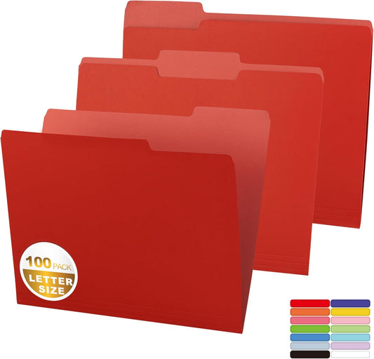 Two-Tone File Folder 8.5 x 11 Inch,100 Pack Red File Folders,1/3 Cut Tabs File Folder Letter Size,Colored File Folders,Manila File Folders for Office,School and Home,Organization