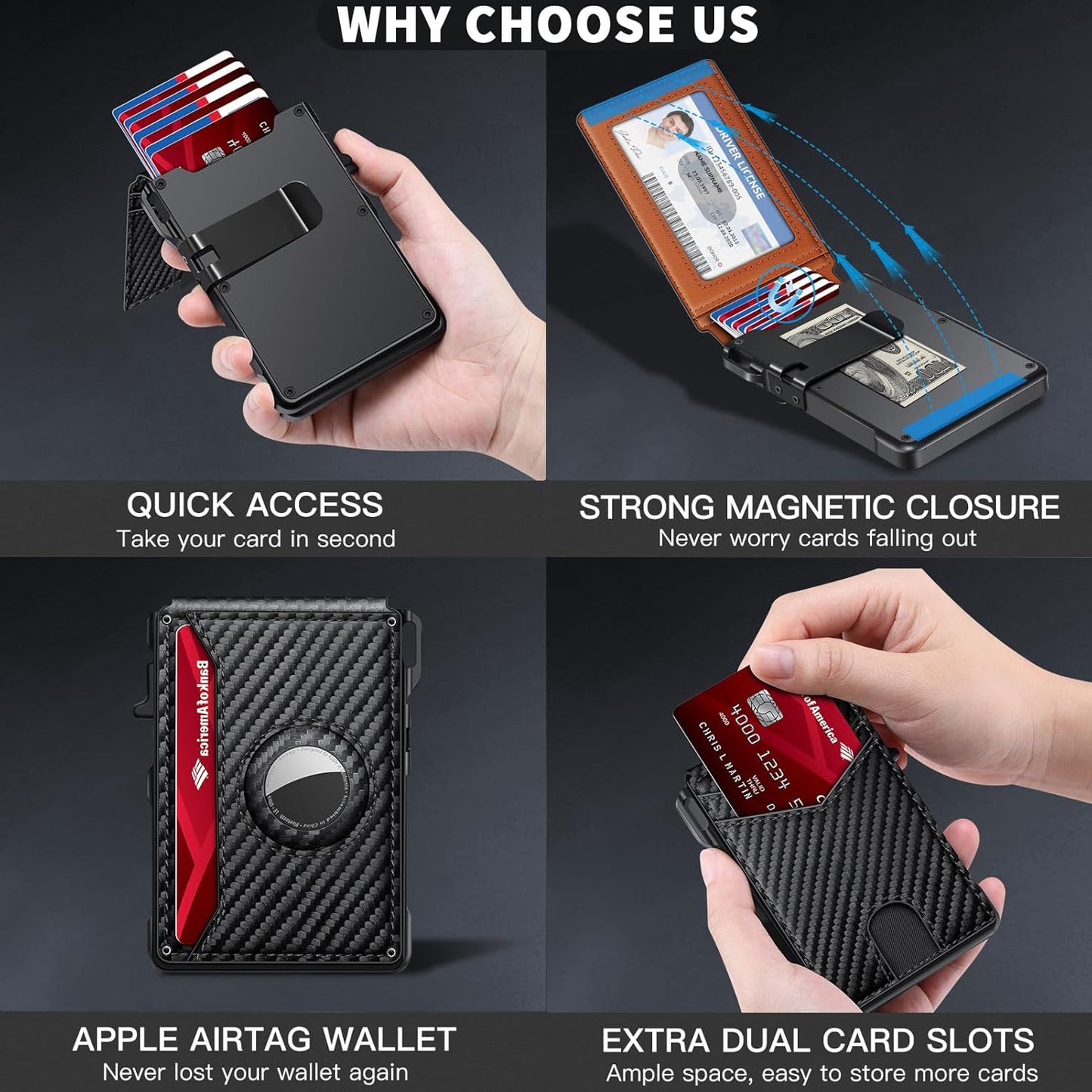 Airtag Wallet for Men, Mens Smart Wallet for Air Tag RFID Blocking, Minimalist Bifold Pop Up Aluminum Credit Card Case Holder 12+ Cards with ID Window, Gift for Men, No Airtag Included, Carbon Orange