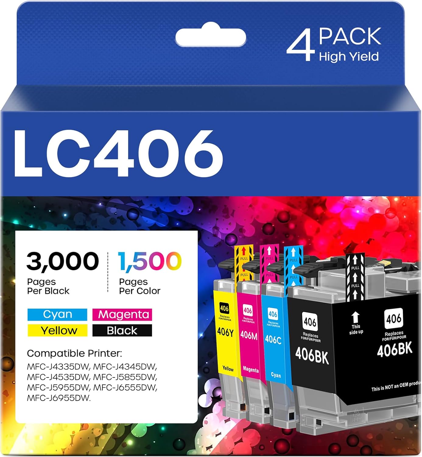 LC406 Ink Cartridges Compatible for Brother LC406 LC406XL LC 406 XL Work for Brother MFC-J4335DW MFC-J5855DW MFC-J4535DW MFC-J6555DW MFC-J6955DW Printer (4 Pack, Black, Cyan, Magenta, Yellow)