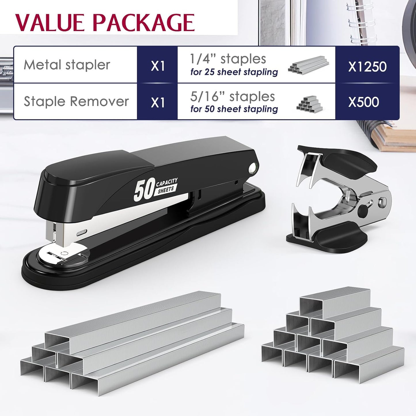 Metal Stapler Heavy Duty 50 Sheet Capacity with 1750 Staples and Staple Remover, Full Strip Staplers for Desk, No Jam, Non-Slip for Office & Classroom, Black