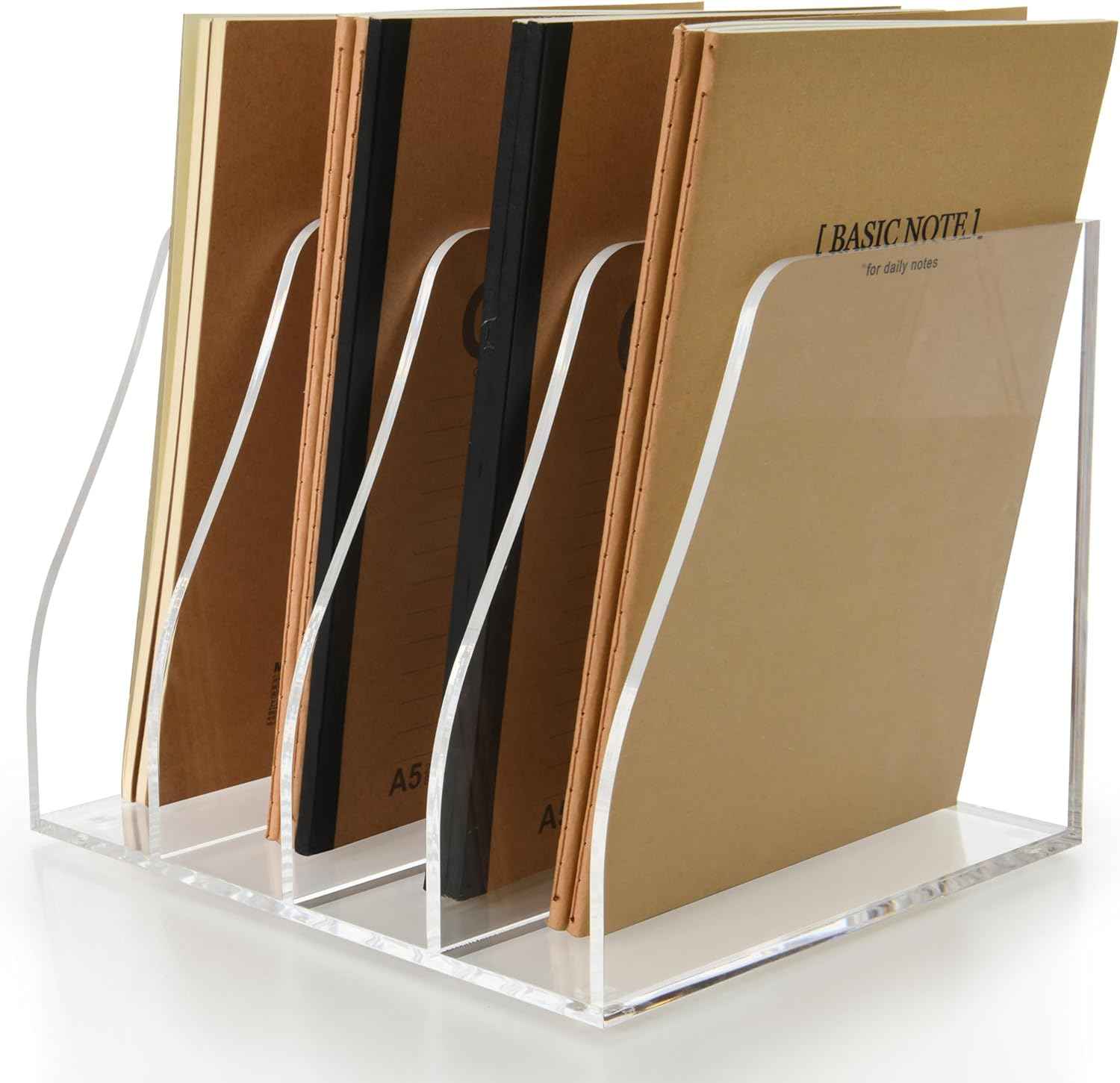 Acrylic Magazine File Holder, 4 Vertical Compartments Desk Document Sorter Organizer, Clear Folder Rack Binder for Office/Home/Classroom, for Documents, Tablet, Magazines, Books & Accessories