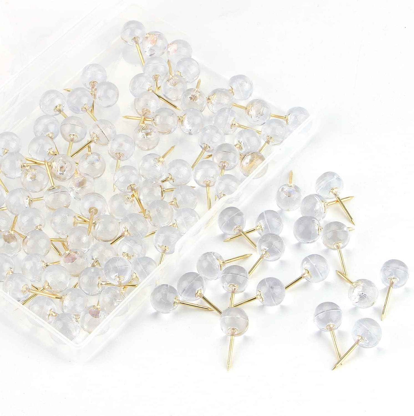 Push Pins 1/3 Inch Gold Map Tacks 100-Count Large Size Pins Golden Steel Point and Transparent Plastic Round Head (Gold)