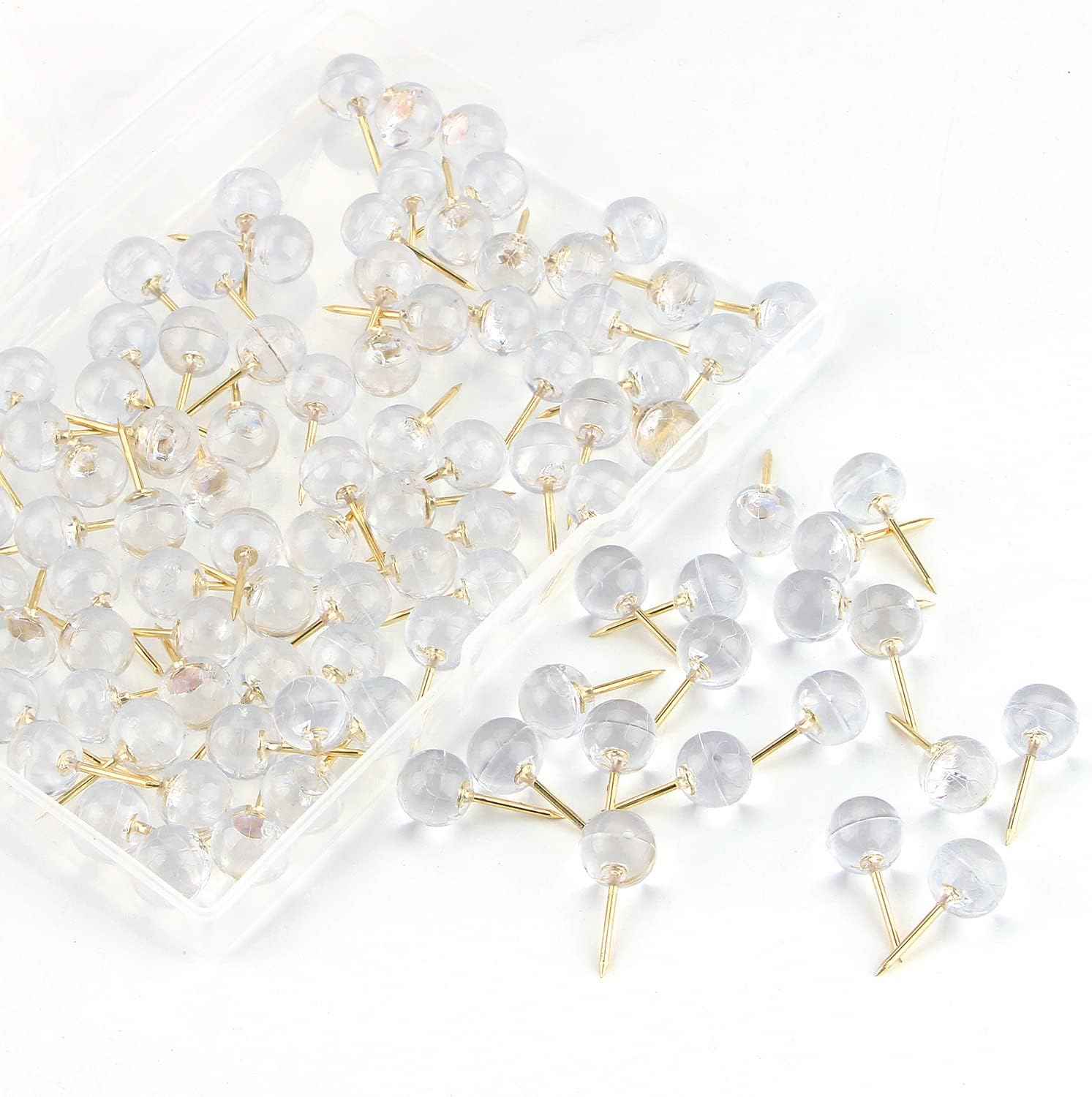 Push Pins 1/3 Inch Gold Map Tacks 100-Count Large Size Pins Golden Steel Point and Transparent Plastic Round Head (Gold)
