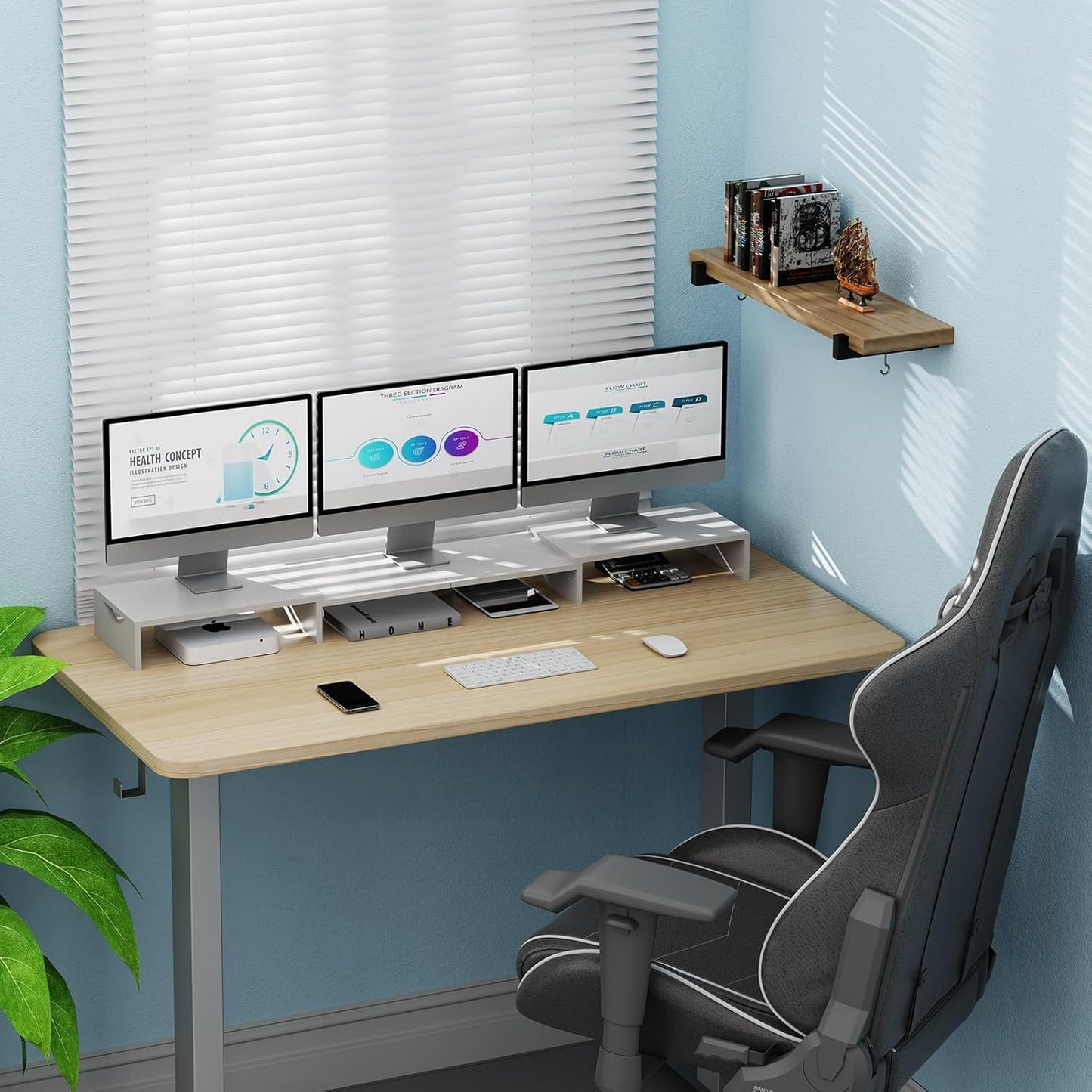 Triple Monitor Stand Riser, Extra Long Monitor Lift for 3 Monitors, Dual Monitor Stand with Length and Angle Adjustable