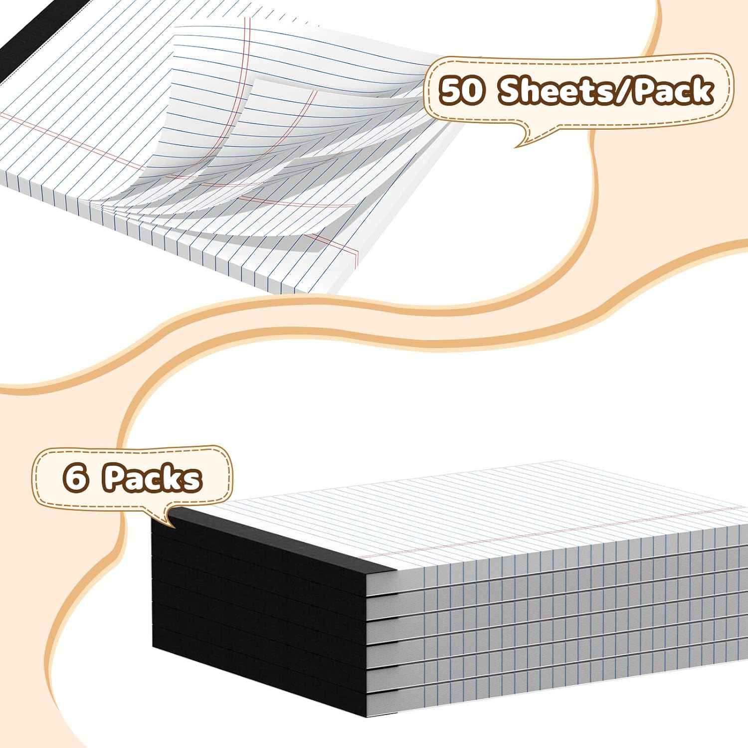 Legal Pads 8.5 x 11, White Note Pads, Wide Ruled Paper - 6 Pack (300 Sheets Total), Thick 80gsm Premium Writing Pads with Perforated Pages & Sturdy Backing Board for Office, School, Home