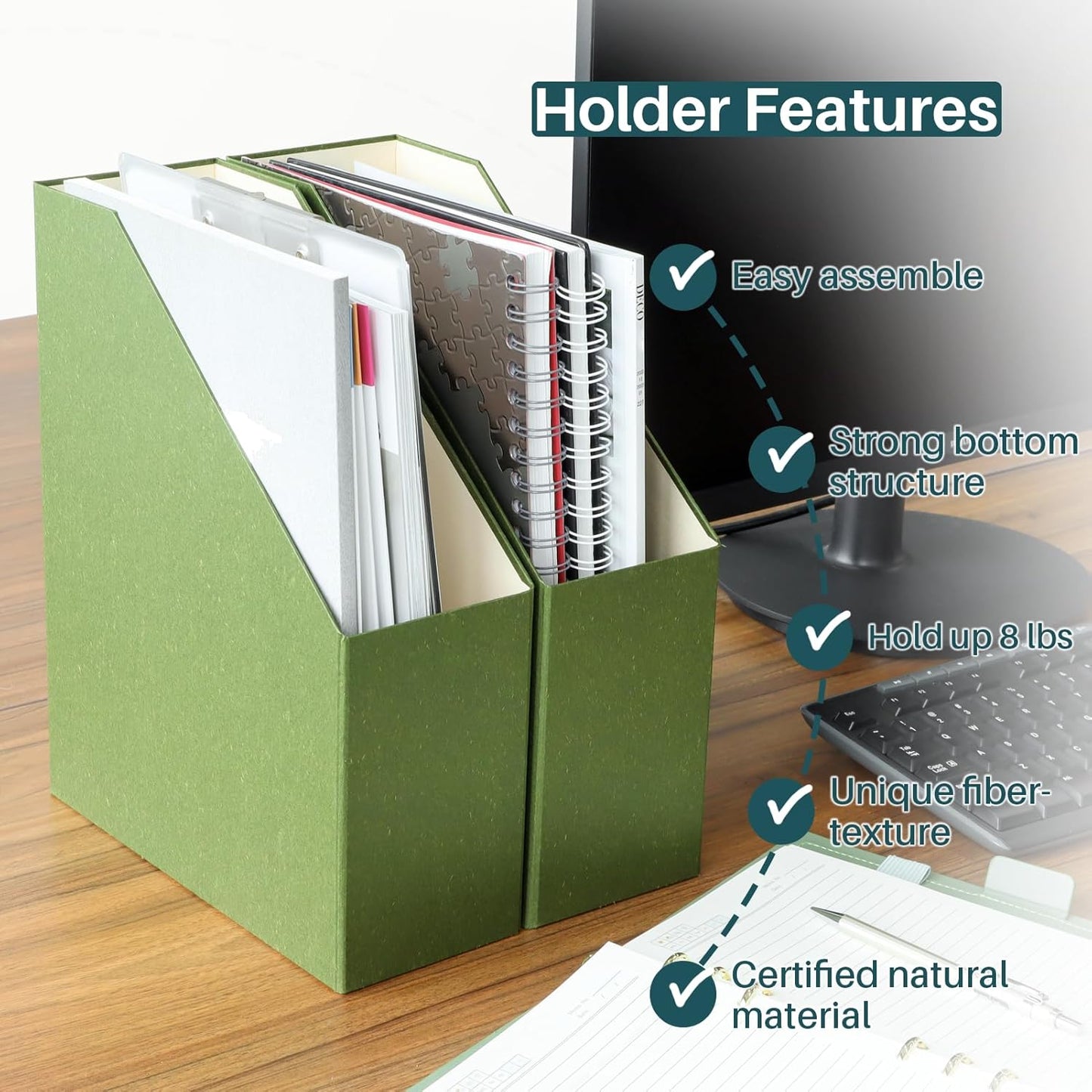 Magazine Holder - File Holder and Desk Organizer, Paperboard Book Organizer and Storage Box for Documents, Magazine Holder Rack for Classroom, Home, and Office (Leaf Green, 4-Pack)