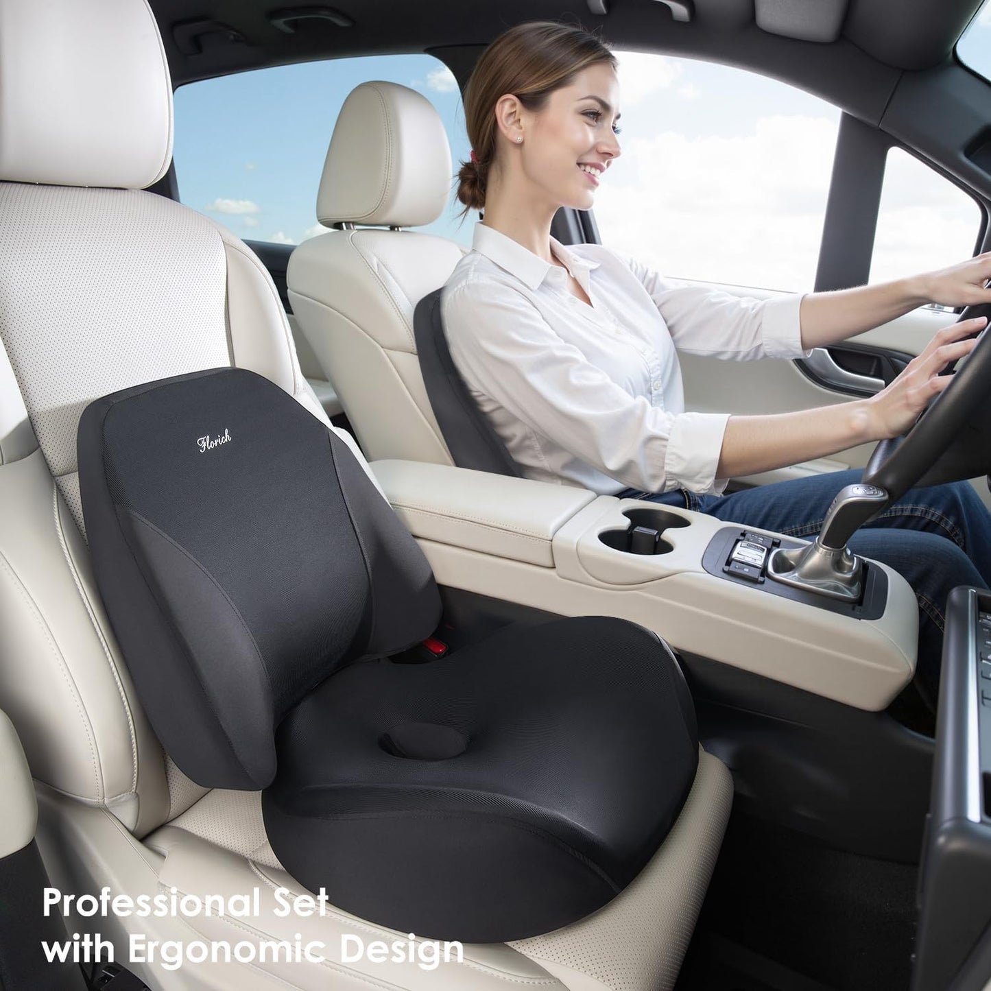 FLORICH Lumbar Support Pillow and Car Seat Cushion, Ergonomic Back Support Pillow and Seat Chair Cushion for Office Chair Memory Foam Lumbar Support and Car Seat Cushion for Car Seat Driver - Black