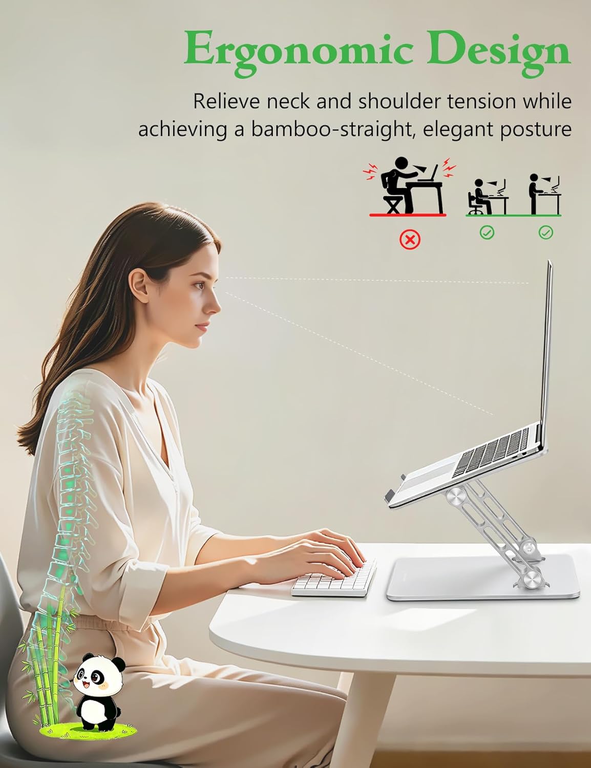 Laptop Stand for Desk - Adjustable Aluminum Laptop Riser with Unique Panda Shaped Vent, Portable Foldable Notebook Holder for Home & Office, Fit for MacBook, HP, Dell, 10-16.3" Silver