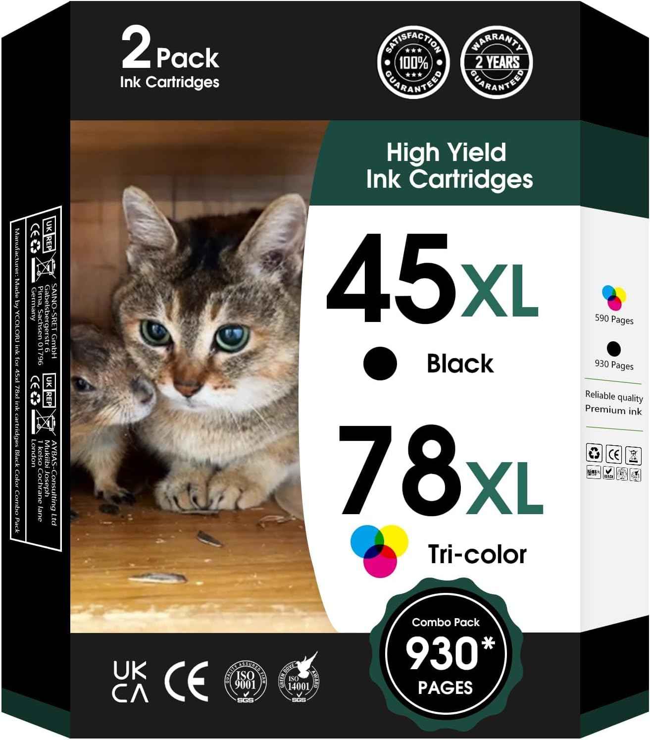 45 78 Ink Cartridge Combo Pack Compatible for HP Deskjet 1220c-ps 930C 952C 970Cxi Color Copier FAX 1220 PhotoSmart 1115 1215(1 Black, 1 Color)