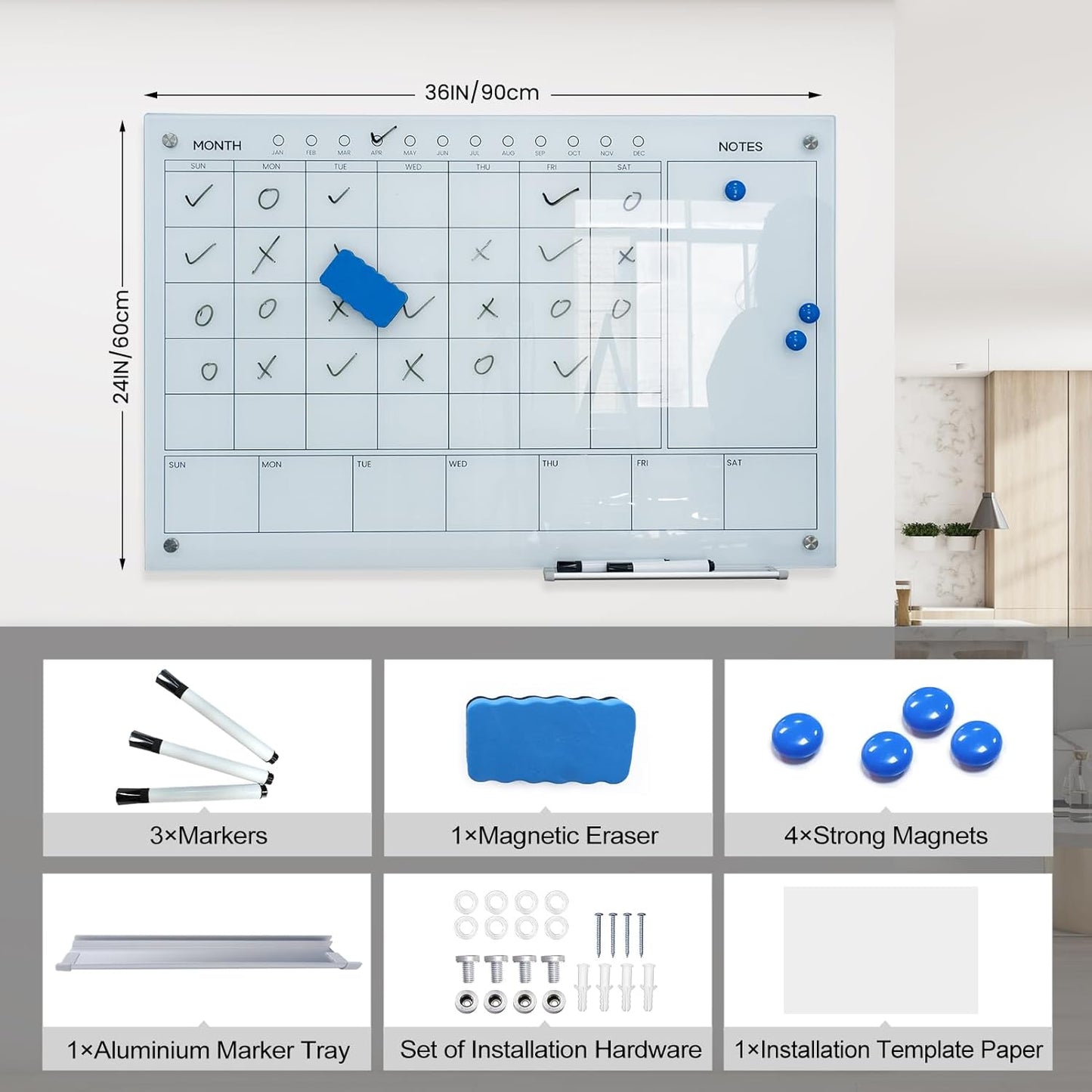 Magnetic Glass Whiteboard 36X24 Monthly Planner Calendar Dry Erase Board for Home, School, Office, Frameless, with Markers, Marker Tray, Eraser, Magnets (White) - Lumora Desk