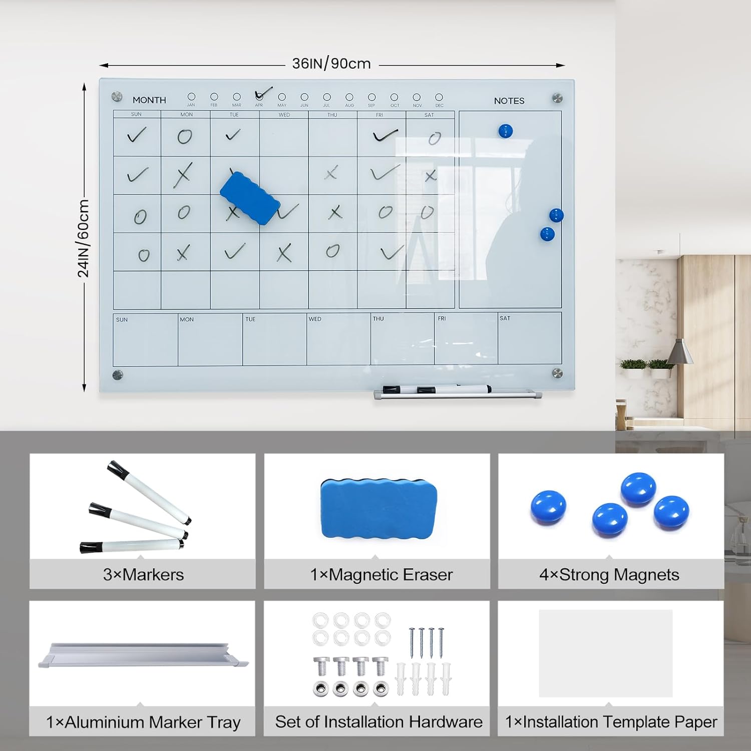 Magnetic Glass Whiteboard 36X24 Monthly Planner Calendar Dry Erase Board for Home, School, Office, Frameless, with Markers, Marker Tray, Eraser, Magnets (White) - Lumora Desk