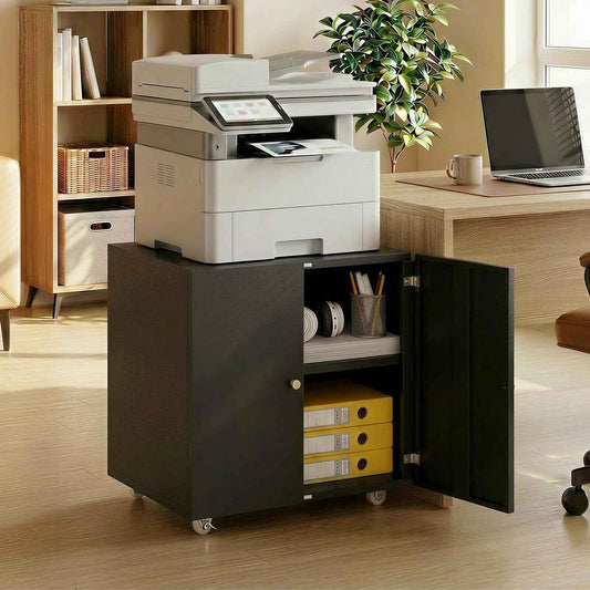 Metal Printer Stand with Storage Cabinet & Wheels, Heavy Duty Rolling Printer Cart with Adjustable Shelf, Large Printer Table for Home Office, Under Desk Printer Cabinet, Black 23.6” H