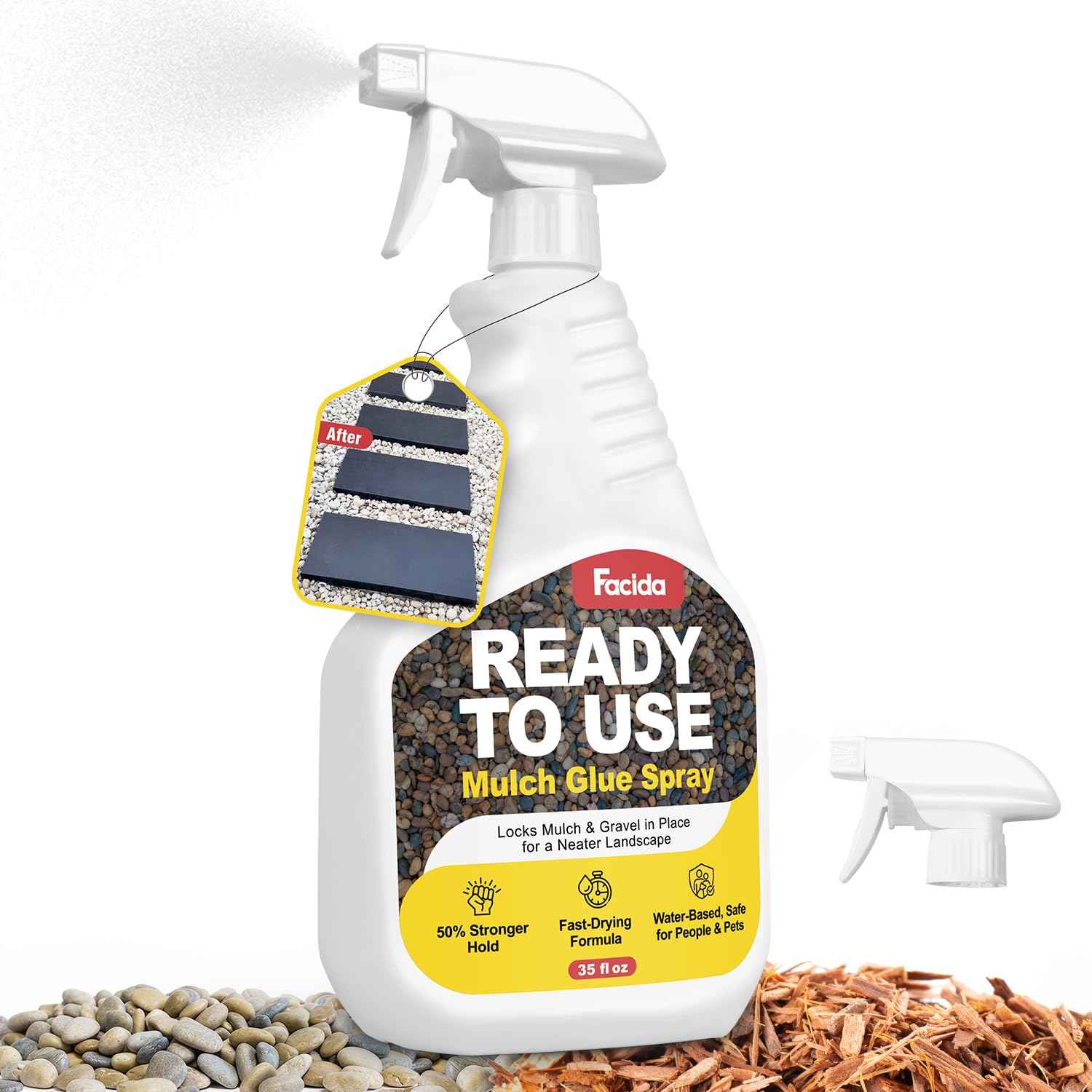 Rock Glue for Landscaping with Sprayer 35oz, Anti-Clog Fast-Dry Mulch Glue, Ready to Use & Non-Toxic Gravel Glue Stone Spray for Pea Gravel, Bark, Small Stones & Garden Beds