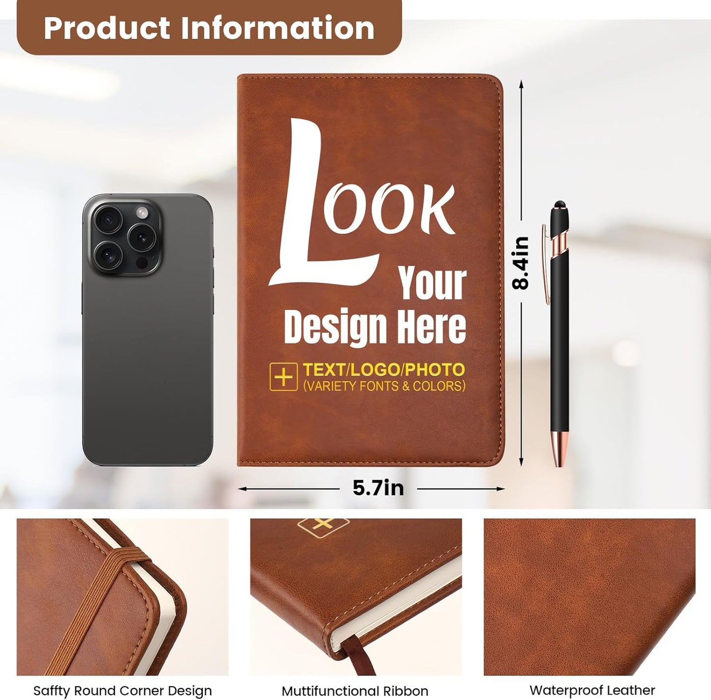 Personalized Journal Notebook With Your Text, Design, Company Logo, Tagline- A5 Lined Leather Hardcover Executive Notebook For Men Women Custom Daily Journal, For Business Office School Lawyers Brown