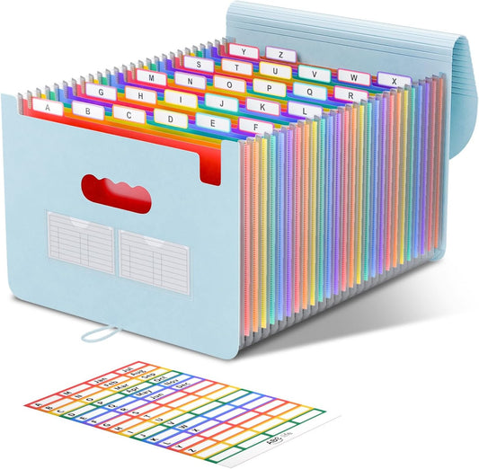 ABC life 26 Pockets Accordion File Organizer, Expanding File Folder, Portable Monthly Paper Bill Tax Receipt Organizer, Letter A4 Size Document Organizer with Blank Labels - Light Blue