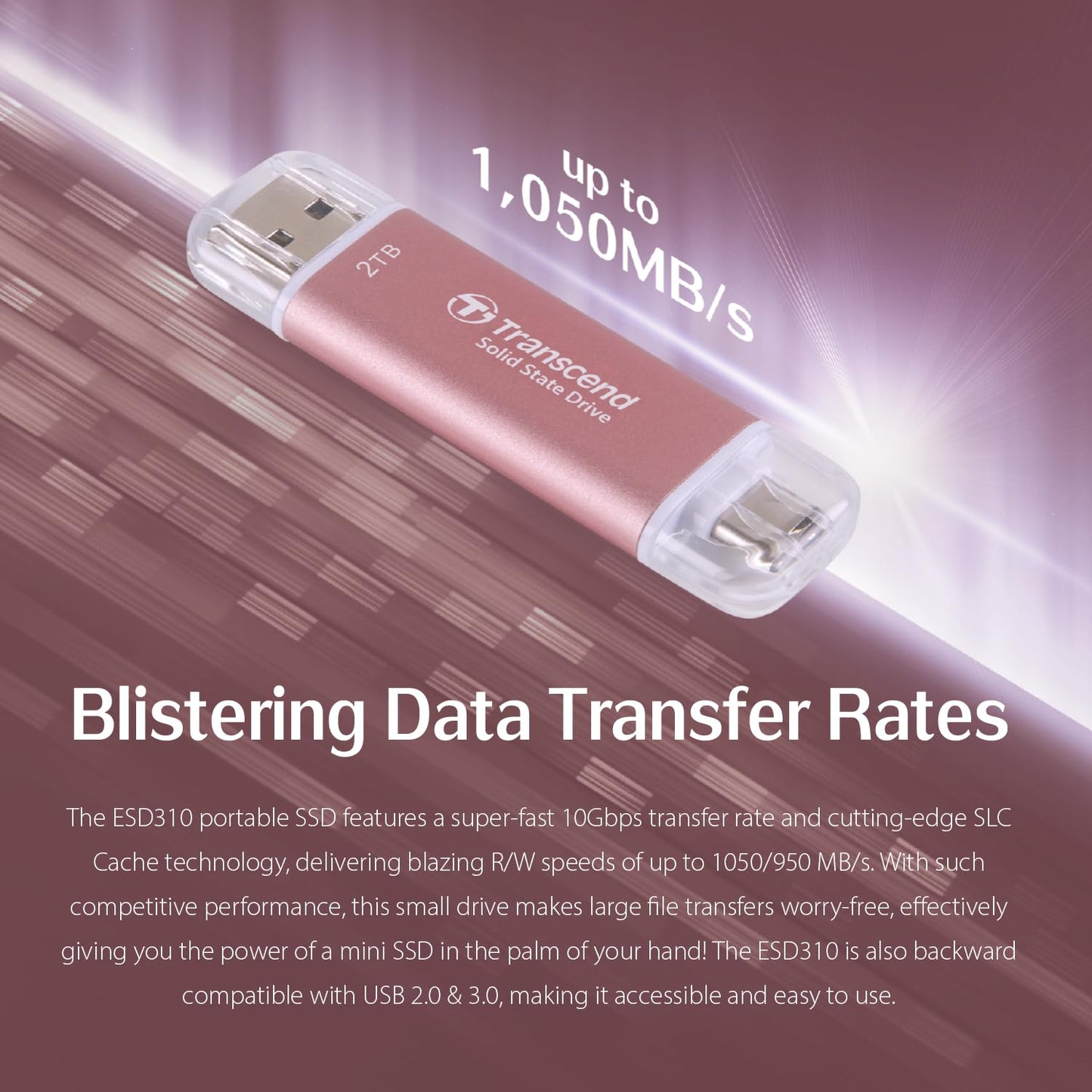 Transcend 2TB External SSD, Up to 1,050MB/s, USB 3.2 Gen 2 Portable SSD, 2-in-1 Type C &Type A, USB Hard Drive for Steam Deck, ROG Ally, MSI Claw, Windows&Mac, iPhone&iPad, Android, PS5&Xbox, Smart TV