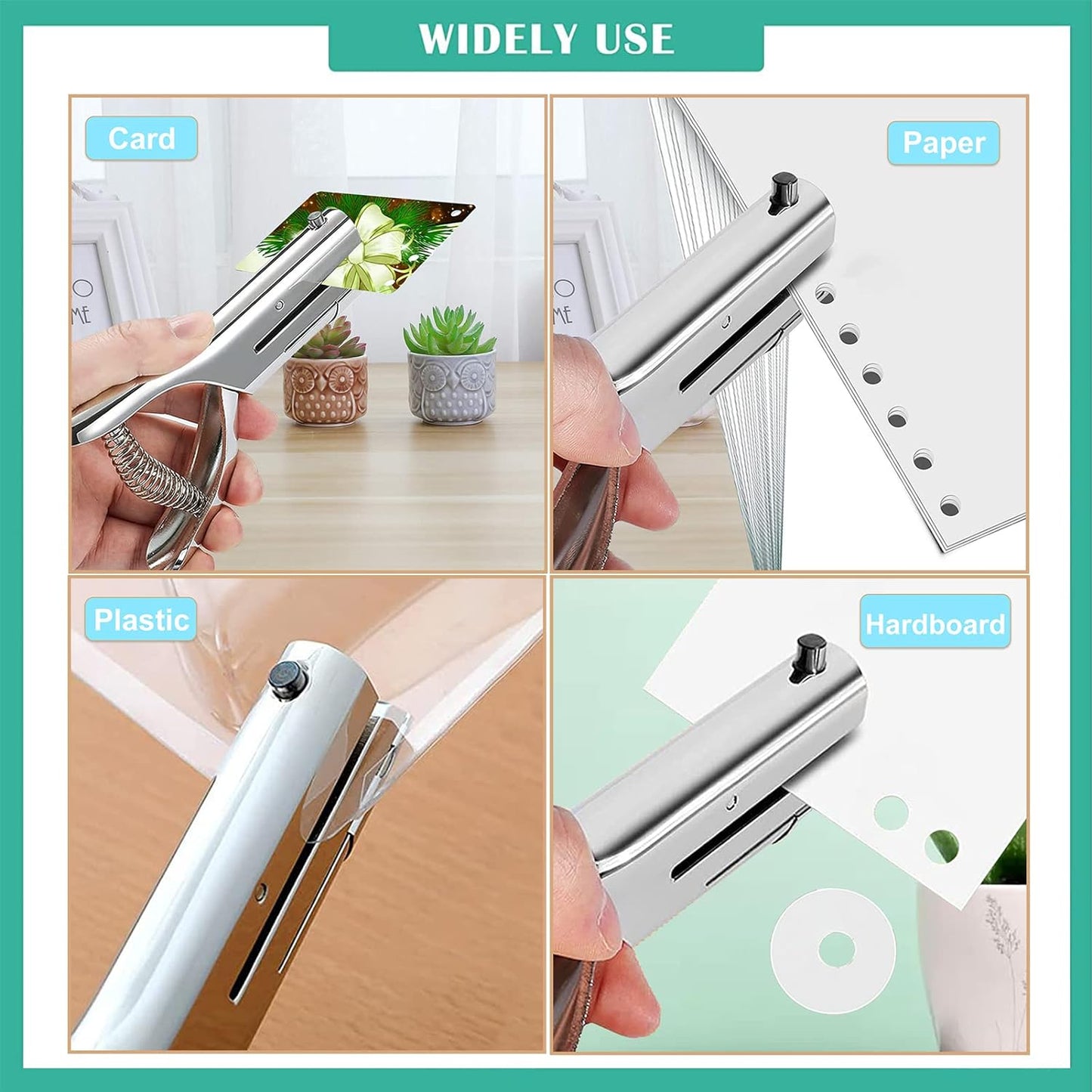 Single Hole Punch 2 Inch Reach Deep Throat Heavy Duty Tab Zinc Alloy Silver Long 1/4 Inch Hand Held Leather Punch for Scrapbook Paper ID Card PVC Badge Photos