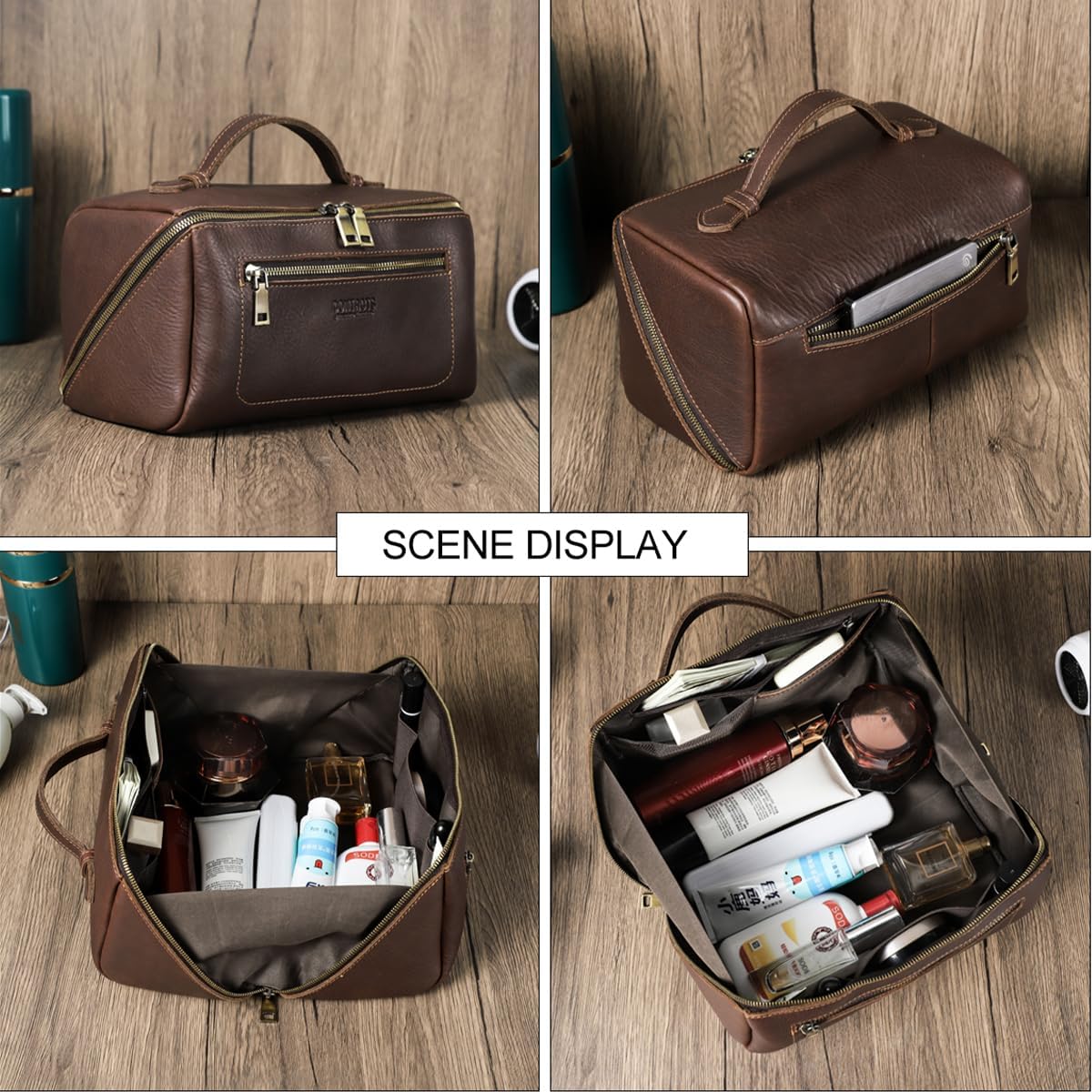 CONTACTS Full Grain Leather Travel Toiletry Bag for Men Large Wash Bag with Handle Bathroom Shaving Dopp Kit Toiletries Organizer Vintage Cosmetic Bag