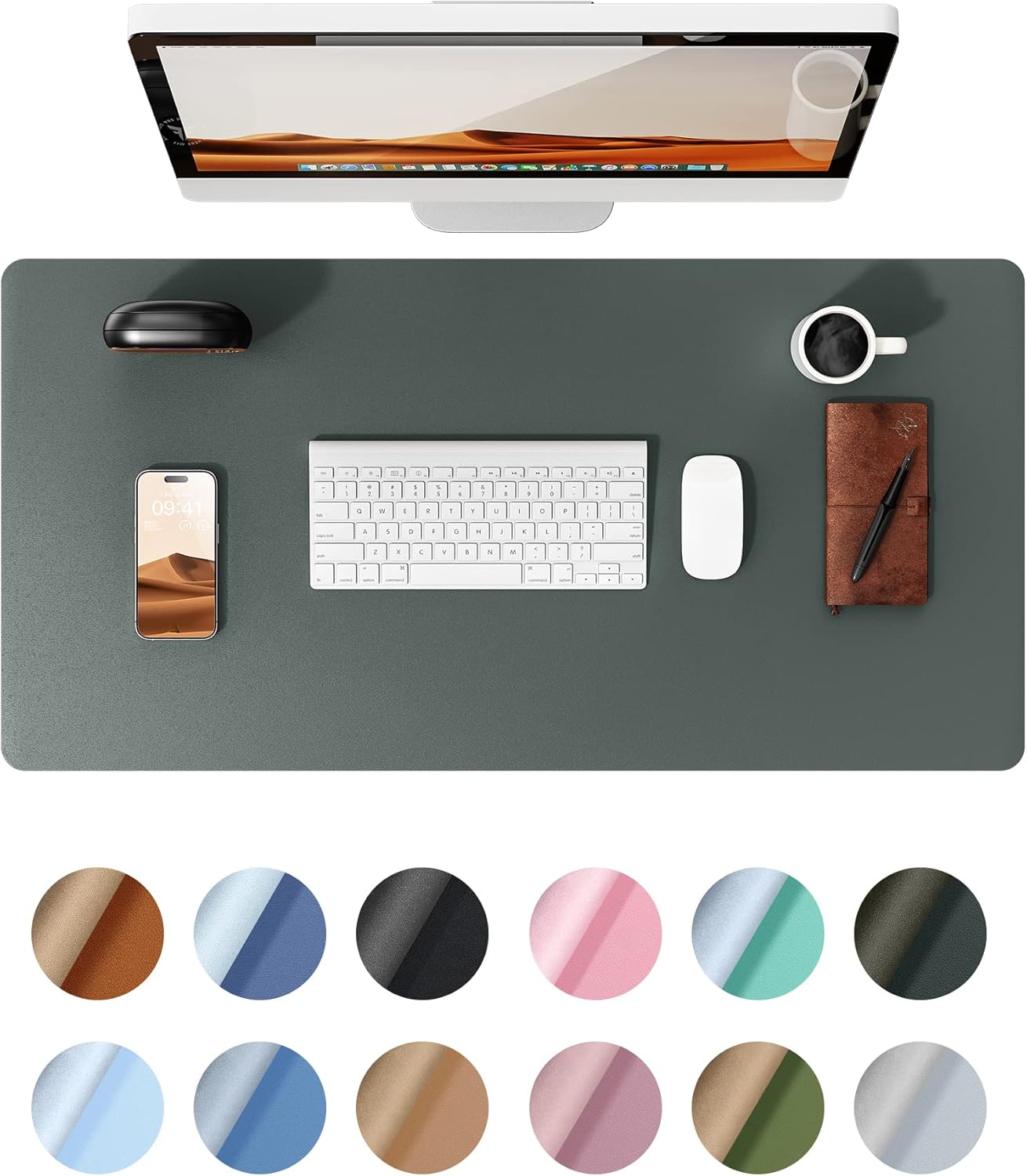 YSAGi Leather Desk Pad Protector, Office Desk Mat, Large Mouse Pad, Non-Slip PU Leather Desk Blotter, Laptop Desk Pad, Waterproof Desk Writing Pad for Home (23.6" x 13.8", Dark Green)