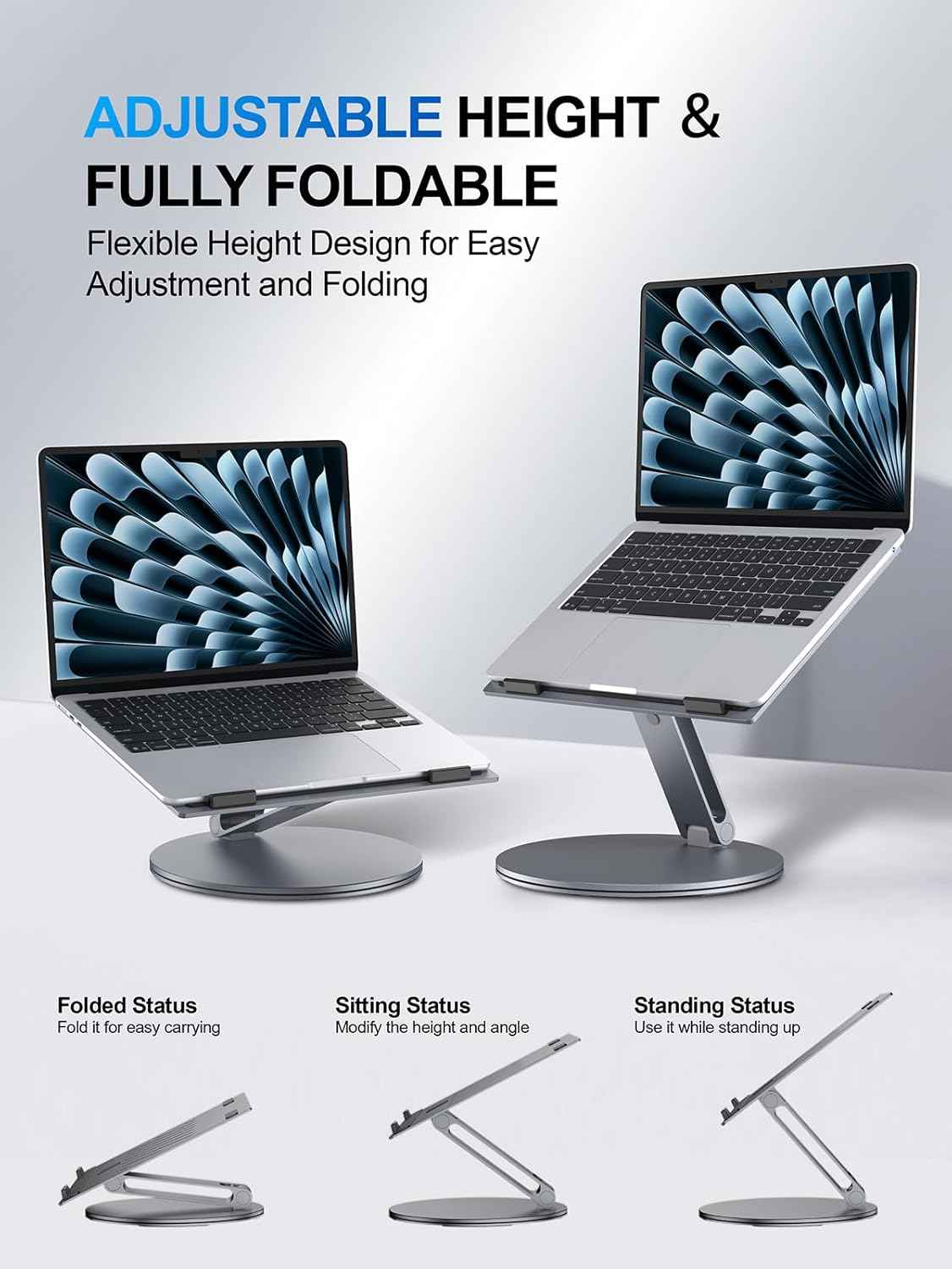 YICOSUN Adjustable Laptop Stand for Desk - 360° Rotating Ergonomic Riser with Aluminum Cooling Vents & Sturdy Construction for 10-16 Inch MacBook Pro/Air, Foldable Portable for Office & Home - Gray