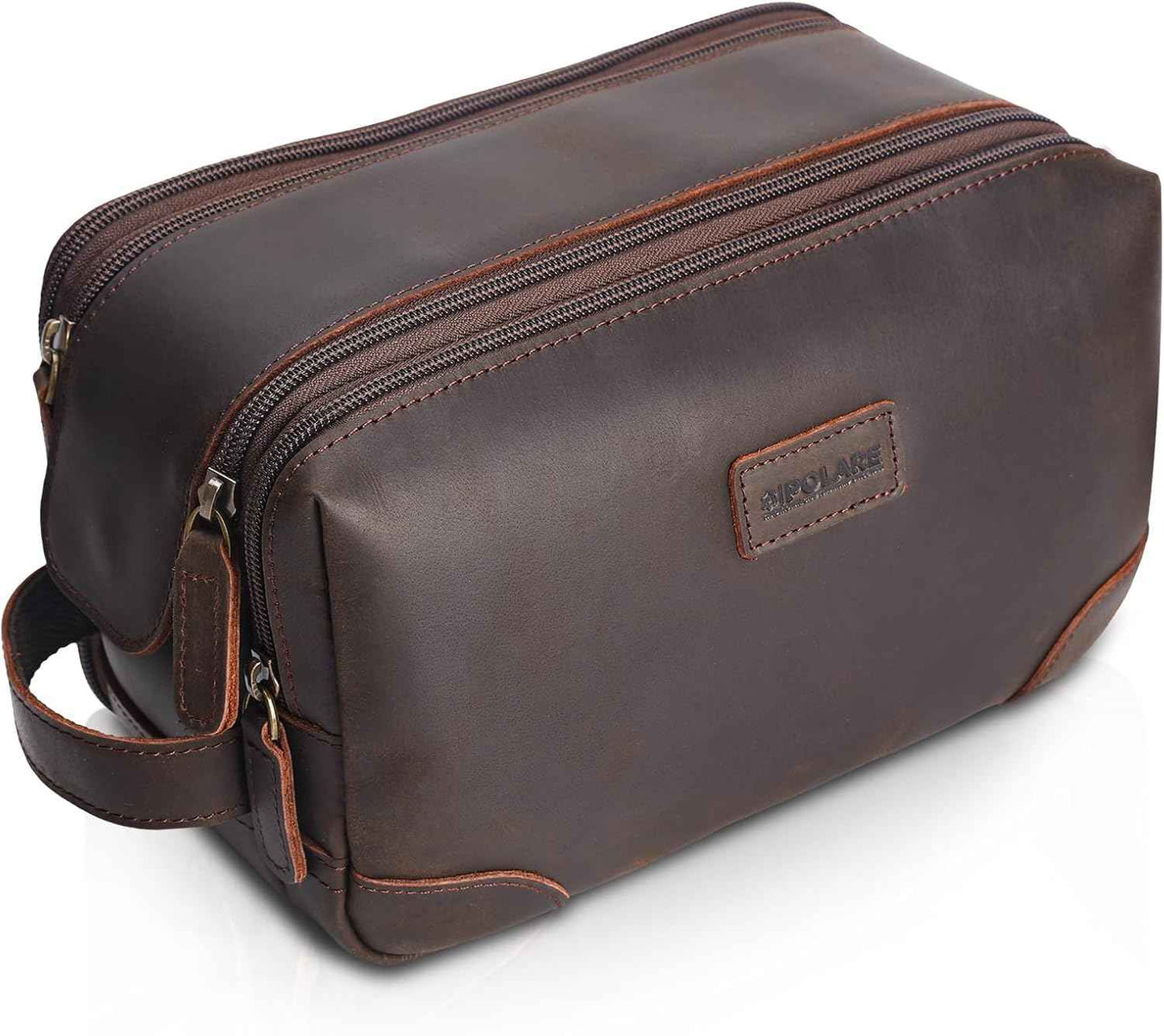 Polare Full Grain Leather Travel Toiletry Bag Dopp Kit Large Cosmetic Travel Case Shaving Kit Wash with YKK Zippers