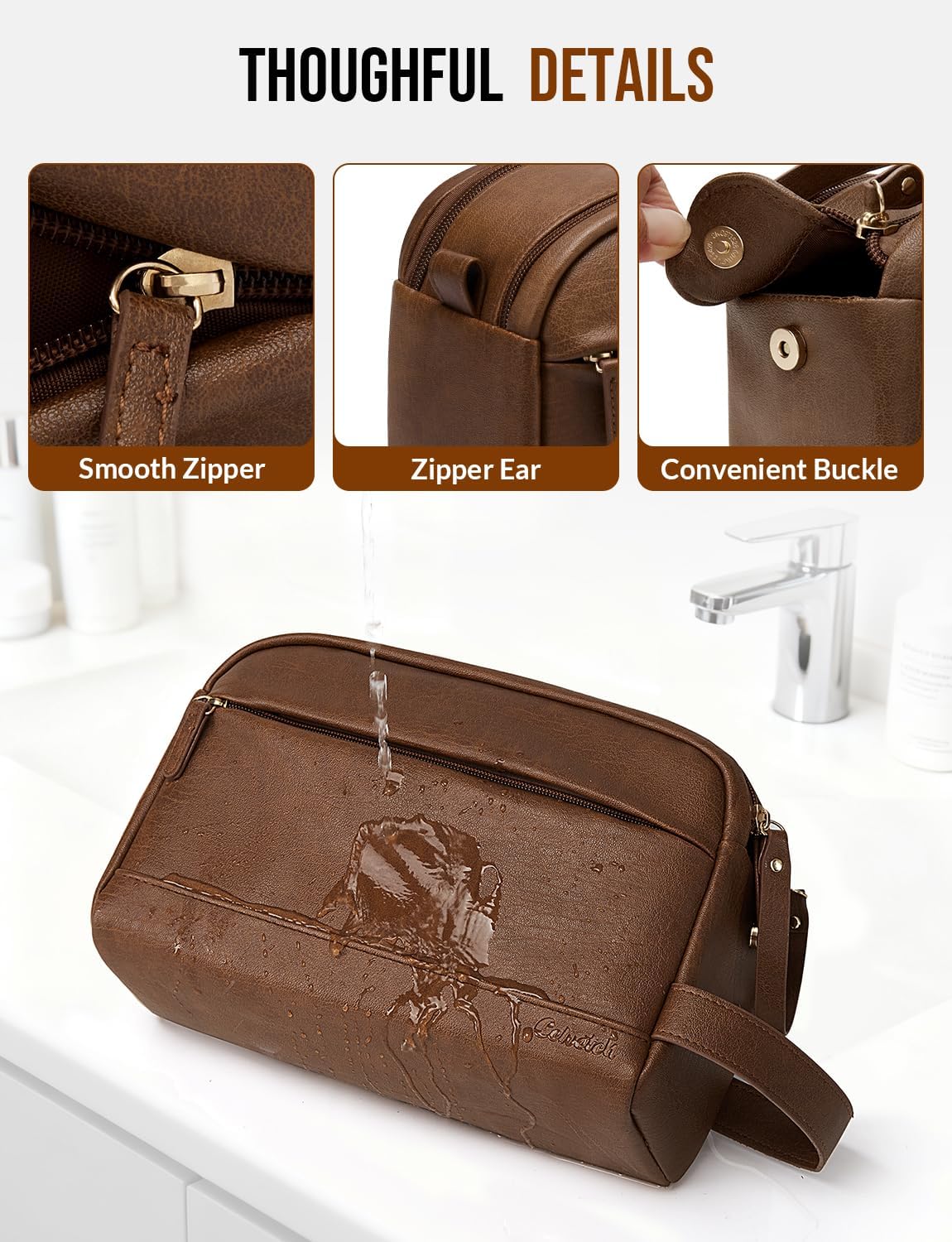 PU Leather Toiletry Bag for Men - Water Resistant Travel Bag for Toiletries, Bathroom Essentials, Accessories - Brown