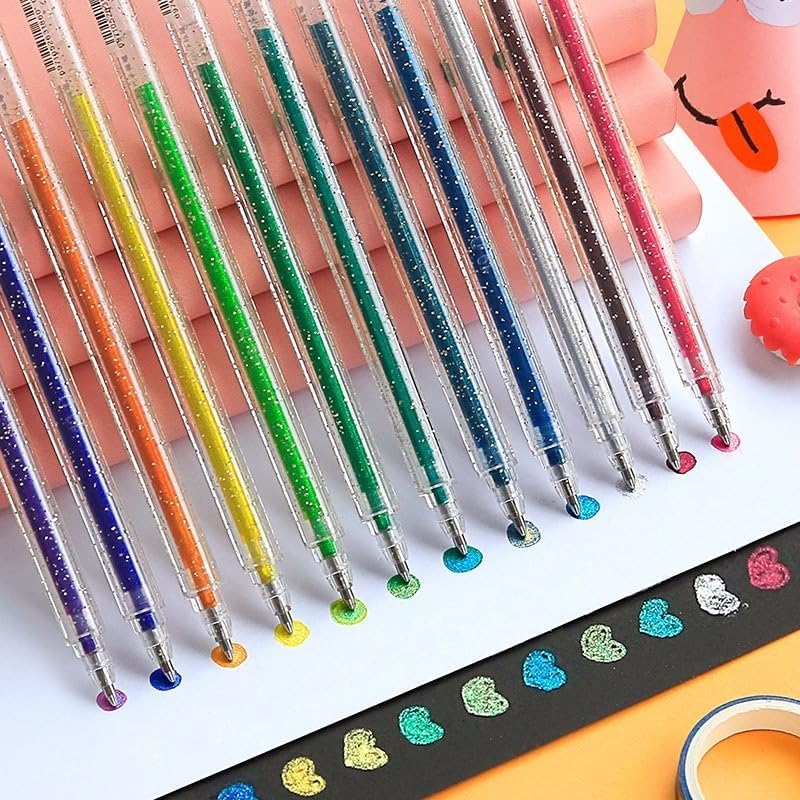 Grabie glitter gel pens,12 Colors Gel Pens for Coloring,Metallic Vibrant Sparkle Colorful Pen,Fine Tip Markers Colored Neon Gel Pens for Adult Coloring Books, Sparkle Pen, Gelly Roll Pens